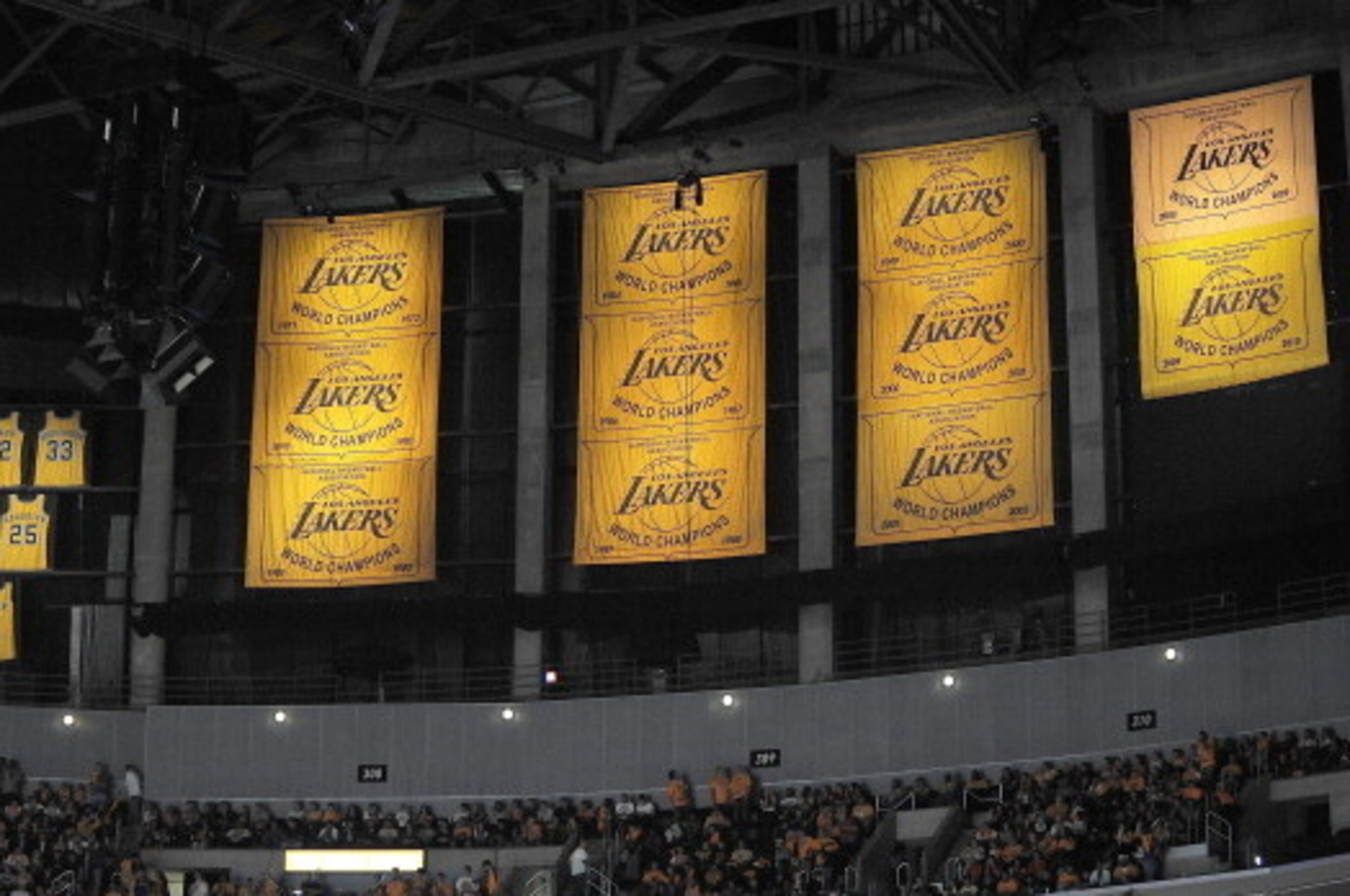 LOS ANGELES - OCTOBER 26:  The 2009-2010 Los Angeles Lakers Championship banner is displayed during the ring ceremony prior to the opening night game against the Houston Rockets at Staples Center on October 26, 2010 in Los Angeles, California. NOTE TO USE