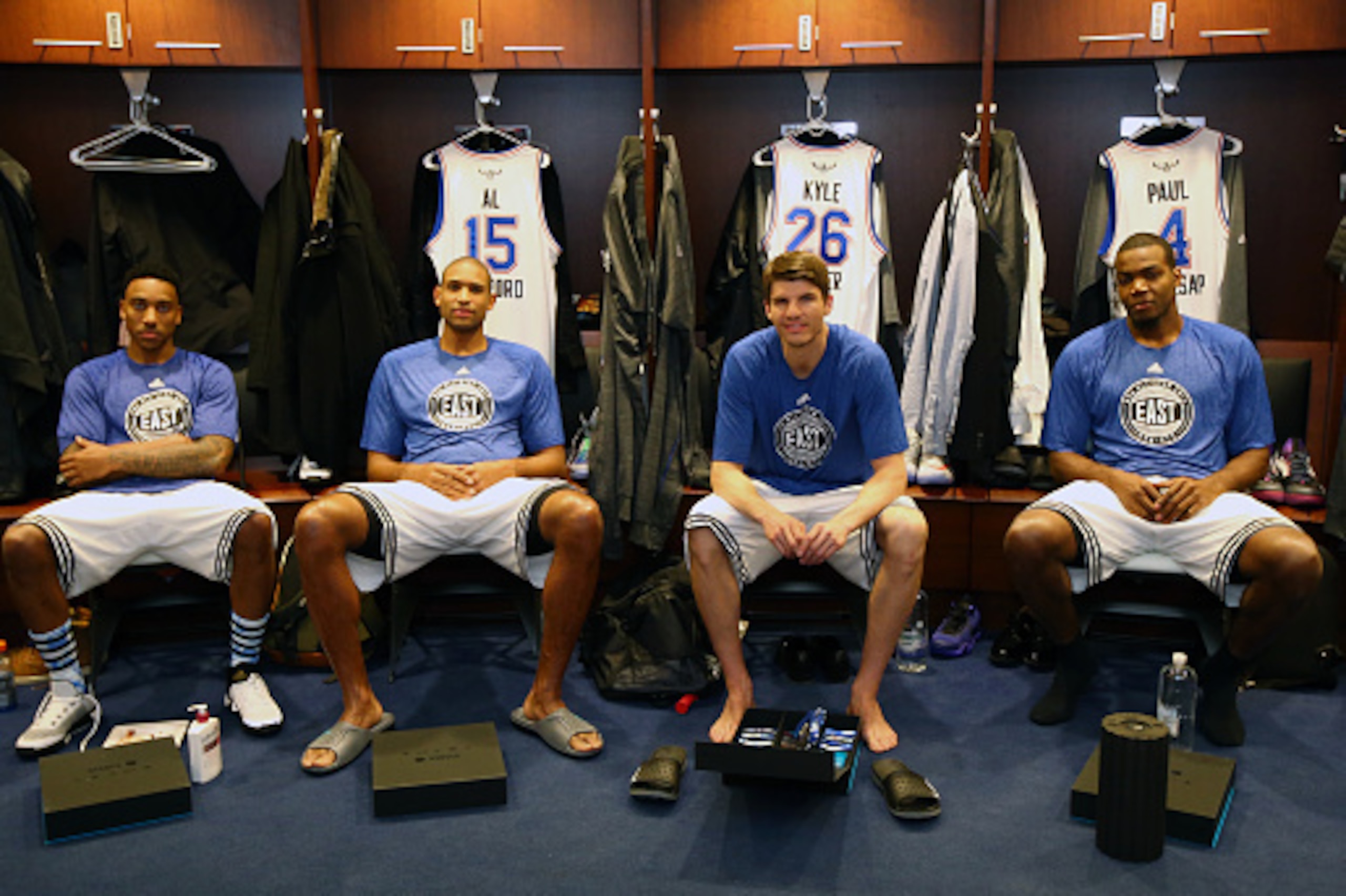 NEW YORK, NY - FEBRUARY 15:  Atlanta Hawks teammates Jeff Teague #0, Al Horford #15, Kyle Korver #26, and Paul Millsap #4 pose with their Eastern Conference Team jerseys prior to the 64th NBA All-Star Game presented by Kia as part of the 2015 NBA All-Star