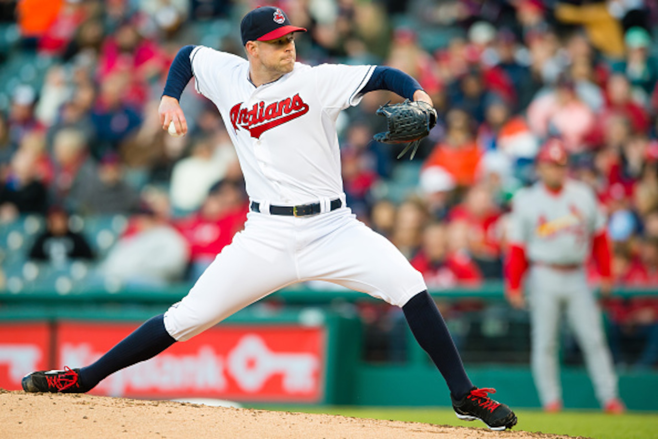 CLEVELAND, OH -  MAY 13: Starter Corey Kluber #28 of the Cleveland Indians pitches during the sixth inning against the St. Louis Cardinals at Progressive Field on May 13, 2015 in Cleveland, Ohio. (Photo by Jason Miller/Getty Images)