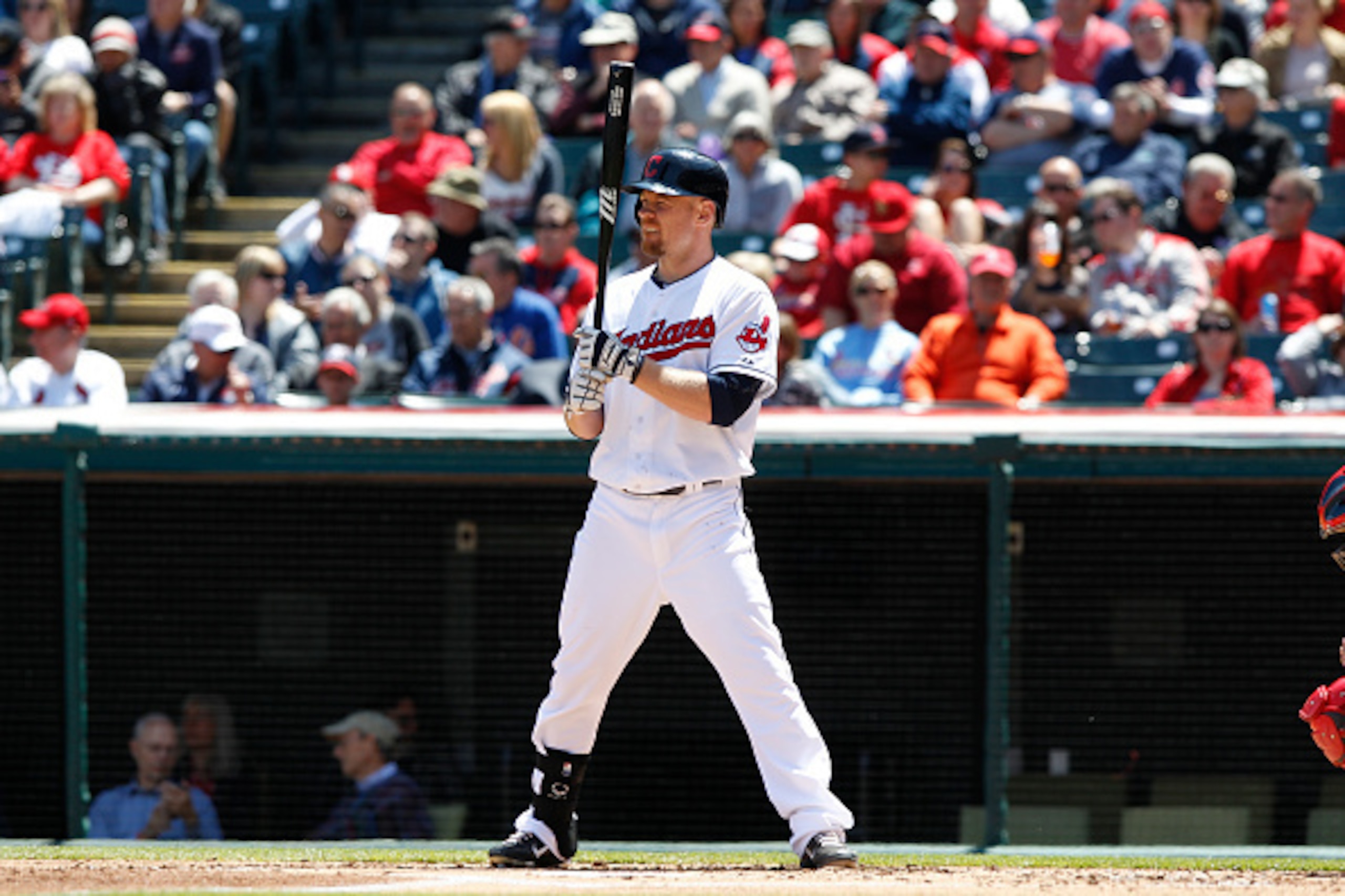 CLEVELAND, OH - MAY 14: Brandon Moss #44 of the Cleveland Indians bats against the St. Louis Cardinals during the first inning of their game on May 14, 2015 at Progressive Field in Cleveland, Ohio. the Cardinals defeated the Indians 2-1. (Photo by David M