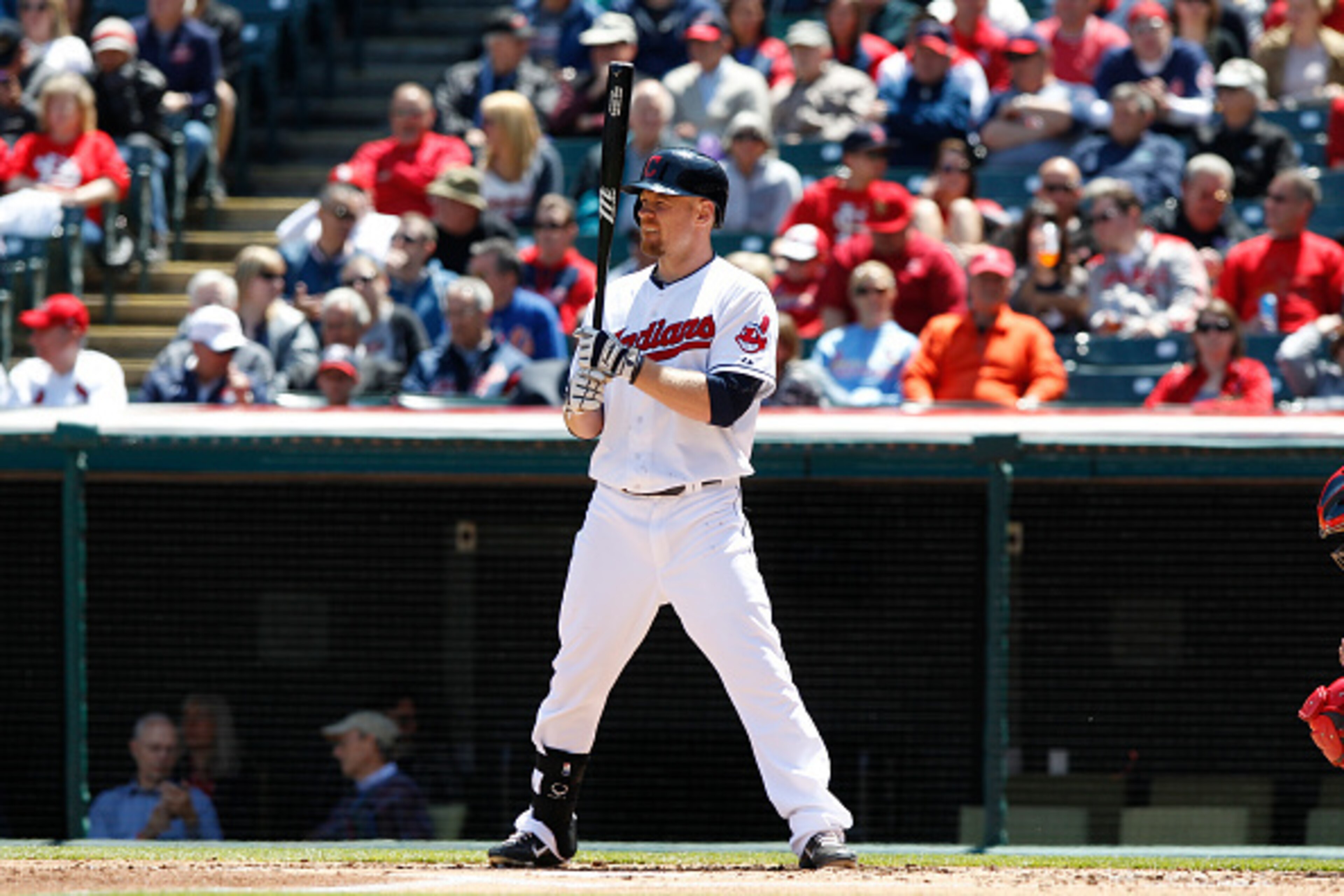 CLEVELAND, OH - MAY 14: Brandon Moss #44 of the Cleveland Indians bats against the St. Louis Cardinals during the first inning of their game on May 14, 2015 at Progressive Field in Cleveland, Ohio. the Cardinals defeated the Indians 2-1. (Photo by David M