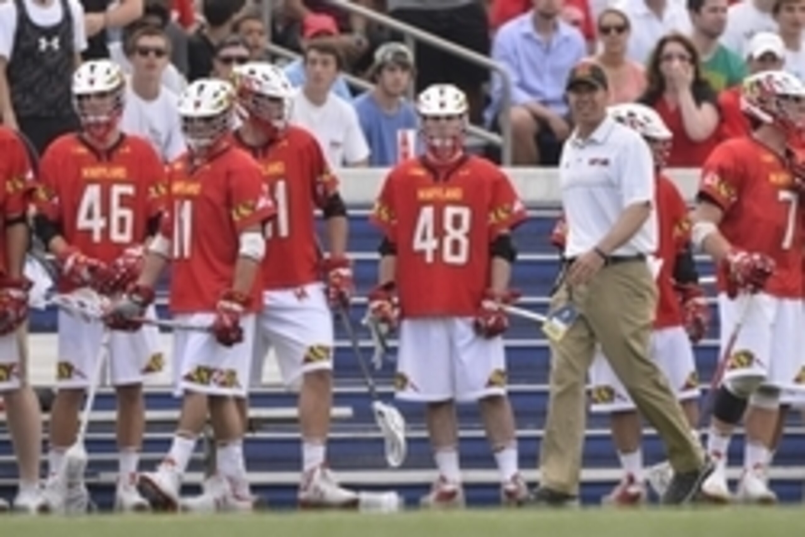 May 17, 2015; Annapolis, MD, USA;  Maryland Terrapins head coach John Tillman walks down the sidelines during the second half against the North Carolina Tar Heels at Navy Marine Corps Memorial Stadium. Maryland Terrapins defeated North Carolina Tar Heels 
