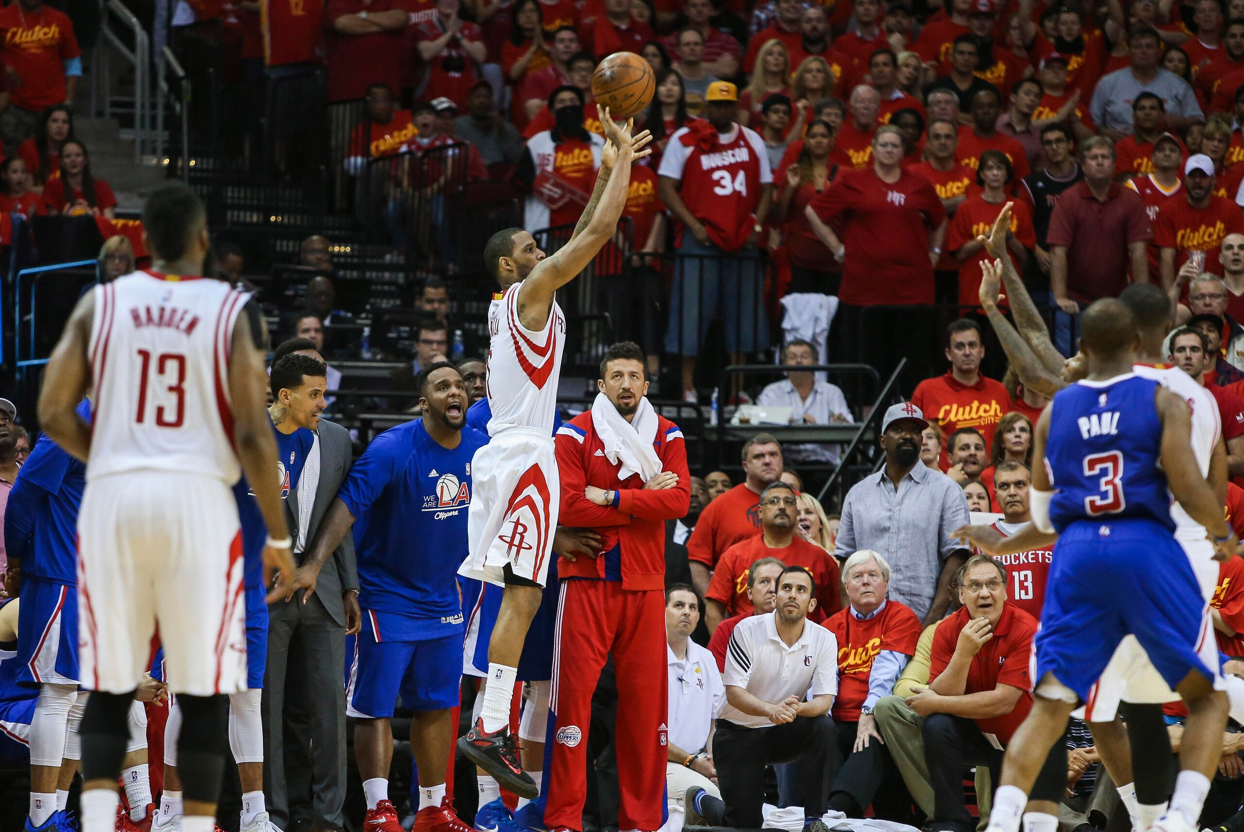 May 17, 2015; Houston, TX, USA; Houston Rockets forward Trevor Ariza (1) makes a three point basket during the fourth quarter against the Los Angeles Clippers in game seven of the second round of the NBA Playoffs at Toyota Center. The Rockets defeated the