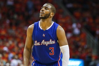 May 17, 2015; Houston, TX, USA; Los Angeles Clippers guard Chris Paul (3) reacts after a play during the fourth quarter against the Houston Rockets in game seven of the second round of the NBA Playoffs at Toyota Center. The Rockets defeated the Clippers 1
