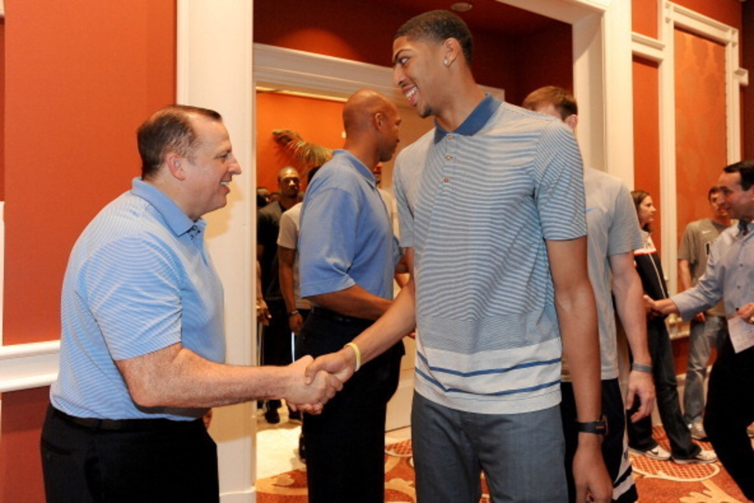 LAS VEGAS, NV - JULY 21:  Assistant Coach Tom Thibodeau of the USA Basketball Men's National Team greets Anthony Davis #42 during Training Camp at the Wynn Hotel and Casino on July 21, 2013, in Las Vegas, Nevada.  NOTE TO USER: User expressly acknowledges
