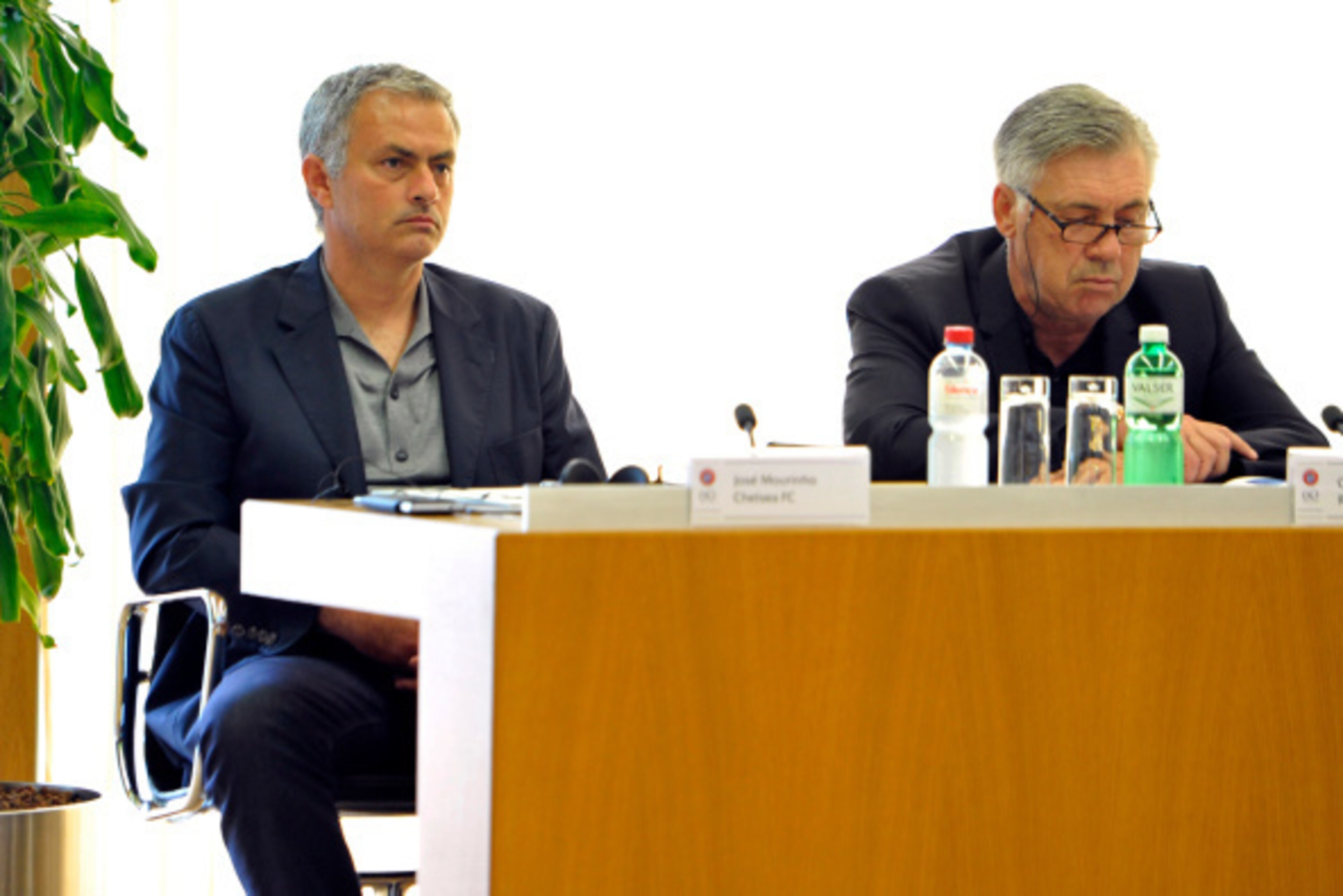 NYON, SWITZERLAND - SEPTEMBER 04:  Chelsea FC Coach Jose Mourinho and Real Madrid Coach Carlo Ancelotti attend the UEFA Elite Club Coaches Forum at the UEFA headquarters, The House of European Football, on Spetember 4, 2014 in Nyon, Switzerland.  (Photo b