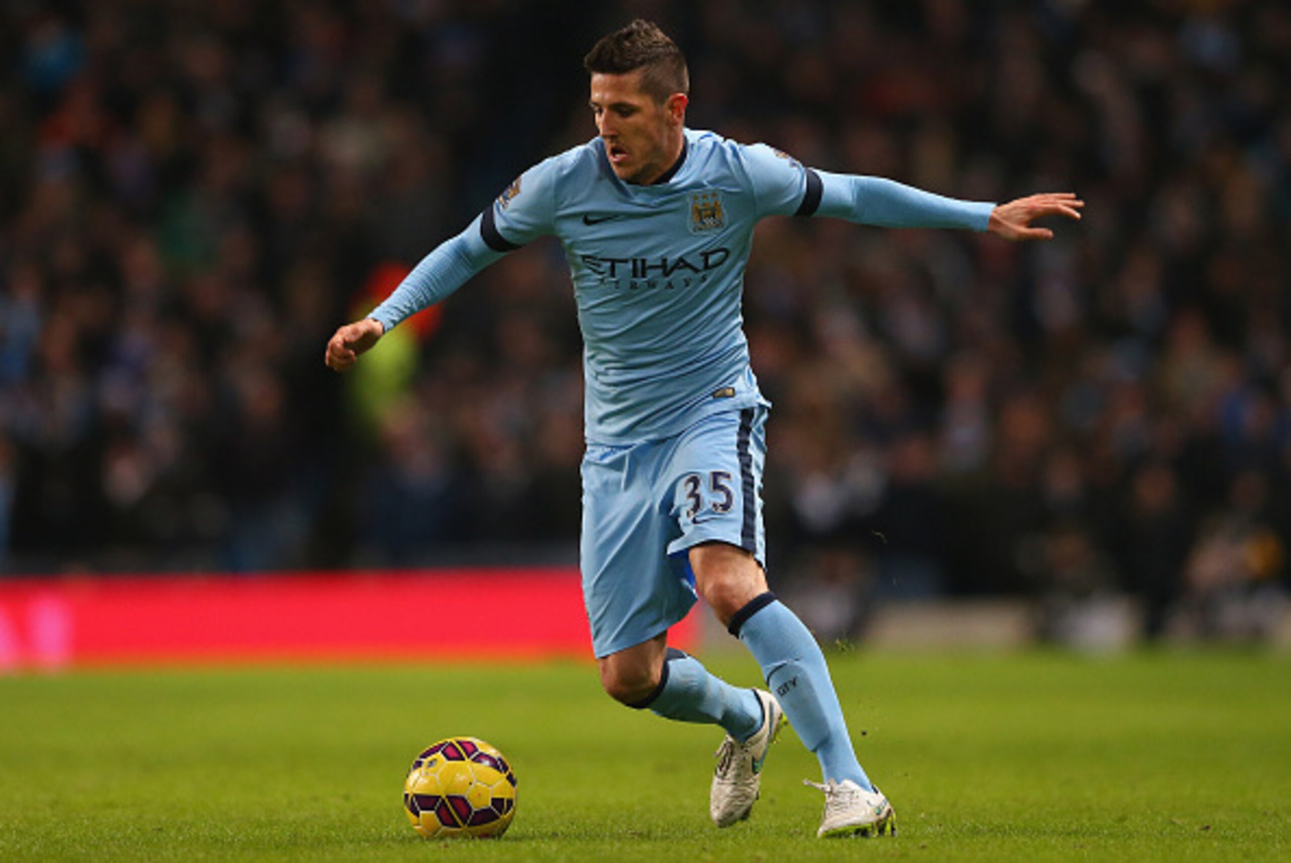 MANCHESTER, ENGLAND - JANUARY 18:  Stevan Jovetic of Manchester City during the Barclays  Premier League match between Manchester City and Arsenal at Etihad Stadium on January 18, 2015 in Manchester, England.  (Photo by Alex Livesey/Getty Images)