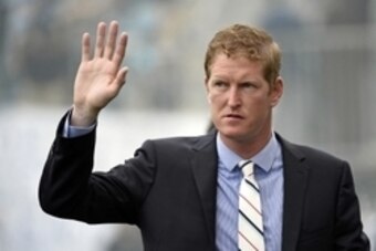 Apr 19, 2015; Philadelphia, PA, USA; Philadelphia Union coach Jim Curtin walks onto the field before game against the New England Revolution at PPL Park. Mandatory Credit: Eric Hartline-USA TODAY Sports