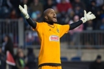 Mar 7, 2015; Philadelphia, PA, USA; Philadelphia Union goalkeeper Rais Mbolhi (92) reacts against the Colorado Rapids at PPL Park. The game ended in a 0-0 draw. Mandatory Credit: Derik Hamilton-USA TODAY Sports