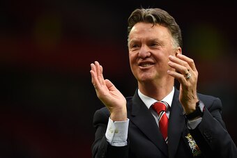 MANCHESTER, ENGLAND - MAY 17:  Louis van Gaal manager of Manchester United applauds the crowd after the Barclays Premier League match between Manchester United and Arsenal at Old Trafford on May 17, 2015 in Manchester, England.  (Photo by Shaun Botterill/
