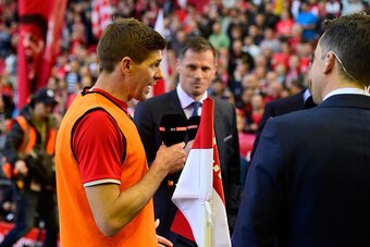 LIVERPOOL, ENGLAND - MAY 16:  Steven Gerrard of Liverpool is interviewed before the Barclays Premier League match betrween Liverpool and Crystal Palace at Anfield on May 16, 2015 in Liverpool, England.  (Photo by Stu Forster/Getty Images)