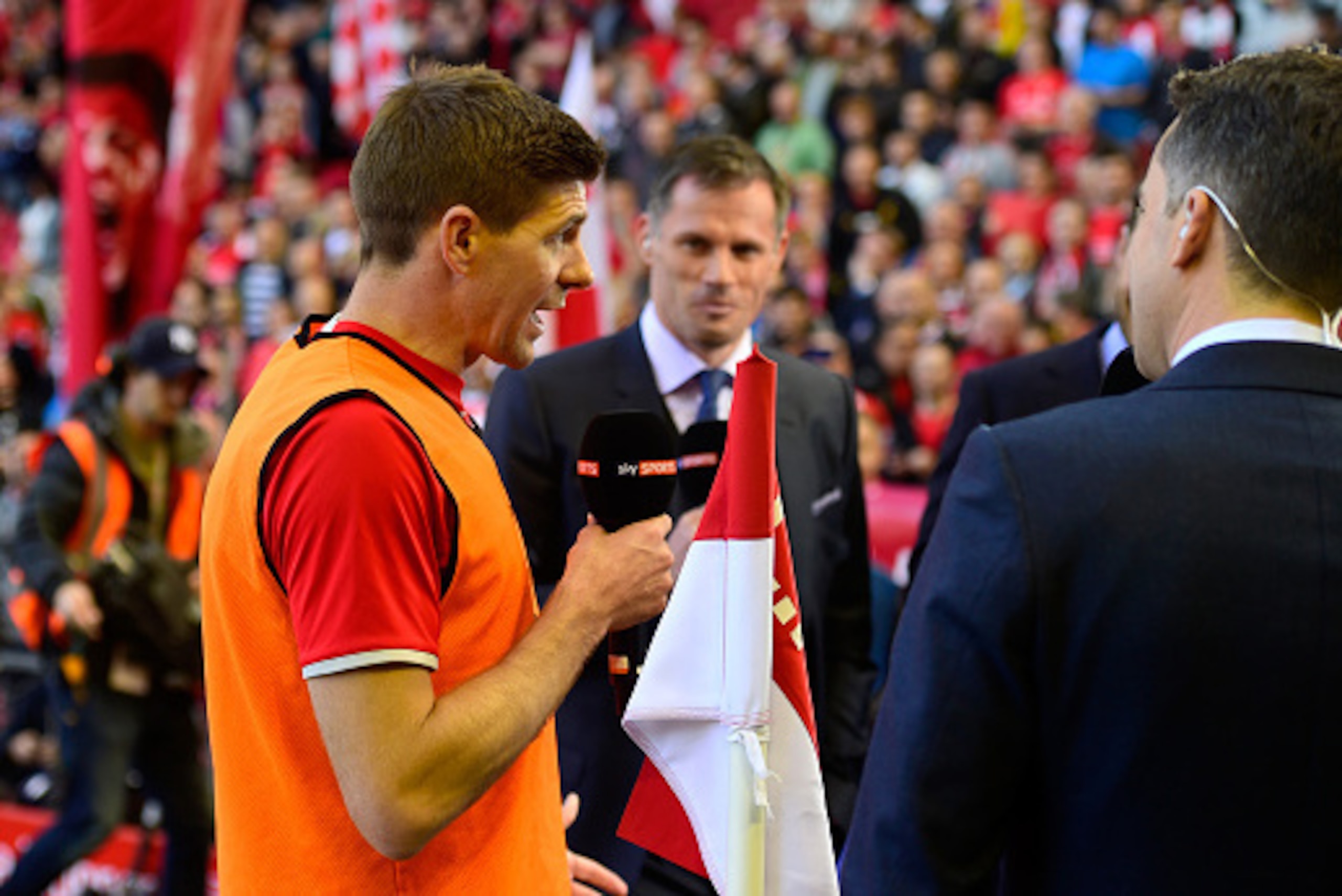 LIVERPOOL, ENGLAND - MAY 16:  Steven Gerrard of Liverpool is interviewed before the Barclays Premier League match betrween Liverpool and Crystal Palace at Anfield on May 16, 2015 in Liverpool, England.  (Photo by Stu Forster/Getty Images)