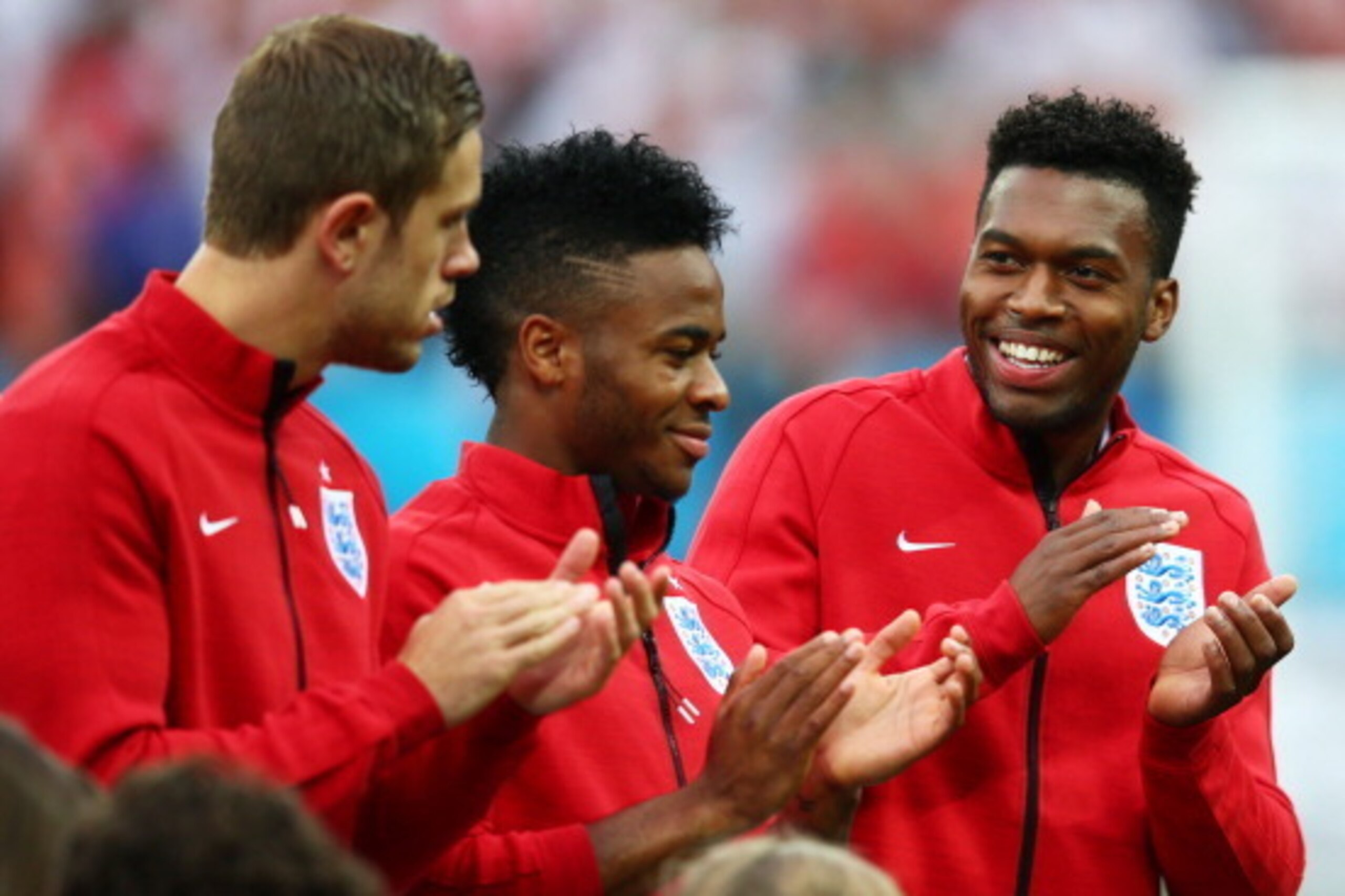 SAO PAULO, BRAZIL - JUNE 19: (L-R) Jordan Henderson, Raheem Sterling and Daniel Sturridge of England look on prior to the 2014 FIFA World Cup Brazil Group D match between Uruguay and England at Arena de Sao Paulo on June 19, 2014 in Sao Paulo, Brazil.  (P