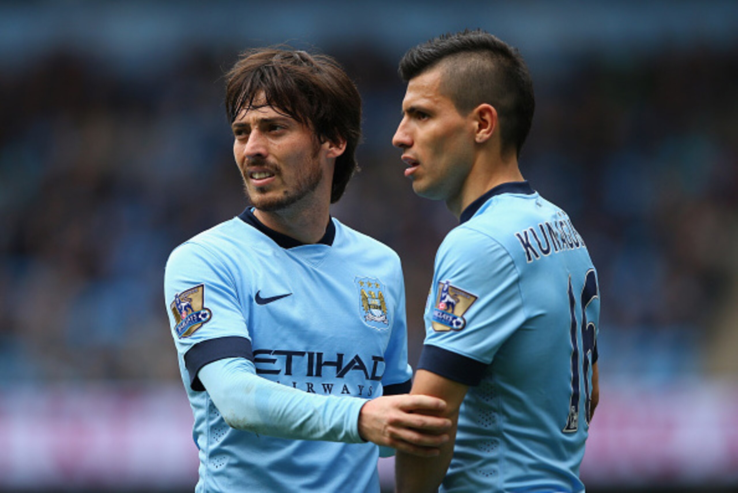 MANCHESTER, ENGLAND - MAY 10:  David Silva and Sergio Aguero of Manchester City look on during the Barclays Premier League match between Manchester City and Queens Park Rangers at Etihad Stadium on May 10, 2015 in Manchester, England.  (Photo by Alex Live