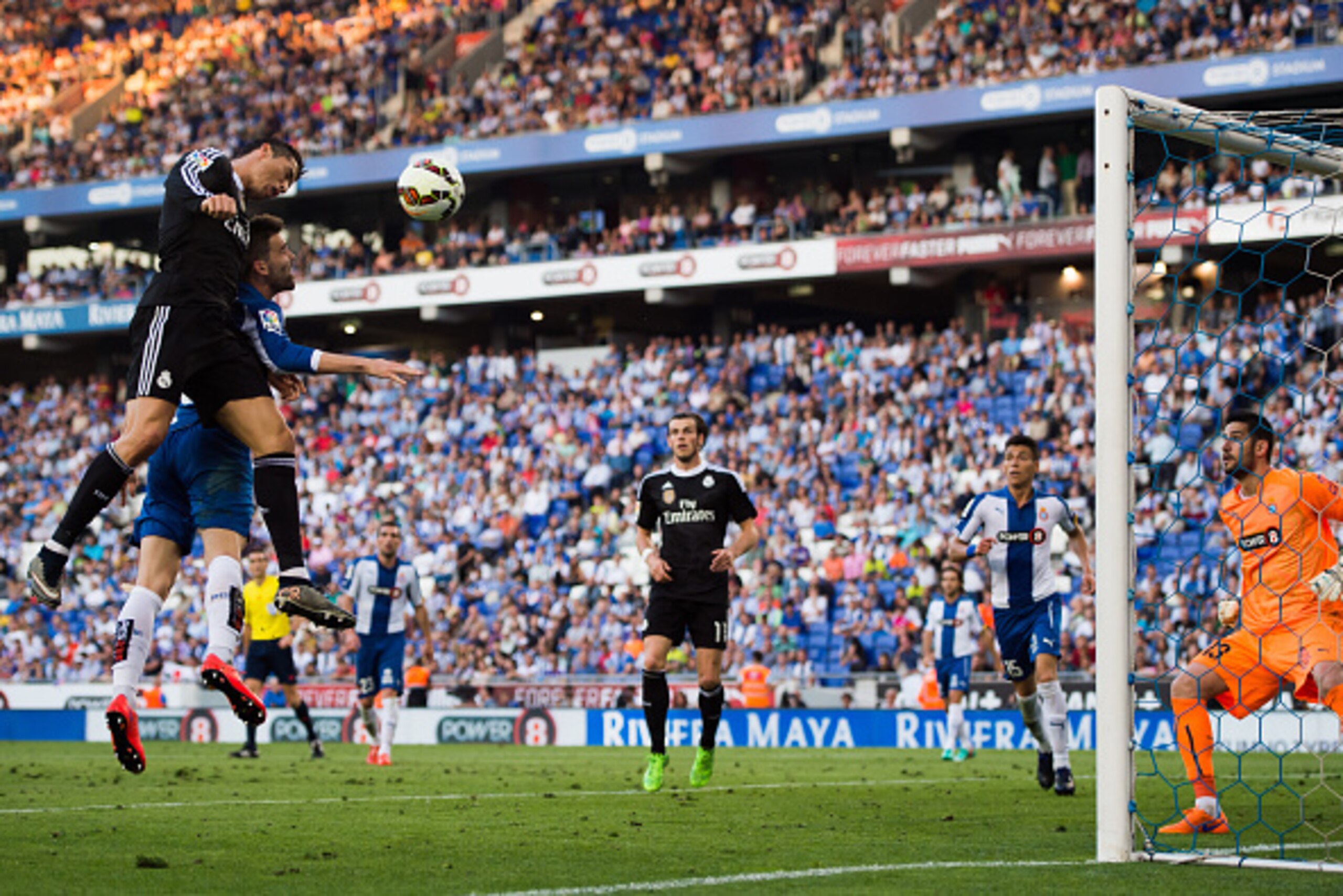 BARCELONA, SPAIN - MAY 17: Cristiano Ronaldo of Real Madrid CF scores his team's fourth goal during the La Liga match between RCD Espanyol and Real Madrid CF at Cornella-El Prat Stadium on May 17, 2015 in Barcelona, Spain. (Photo by Alex Caparros/Getty BARCELONA, SPAIN - MAY 17: Cristiano Ronaldo of Real Madrid CF scores his team's fourth goal during the La Liga match between RCD Espanyol and Real Madrid CF at Cornella-El Prat Stadium on May 17, 2015 in Barcelona, Spain. (Photo by Alex Caparros/Getty