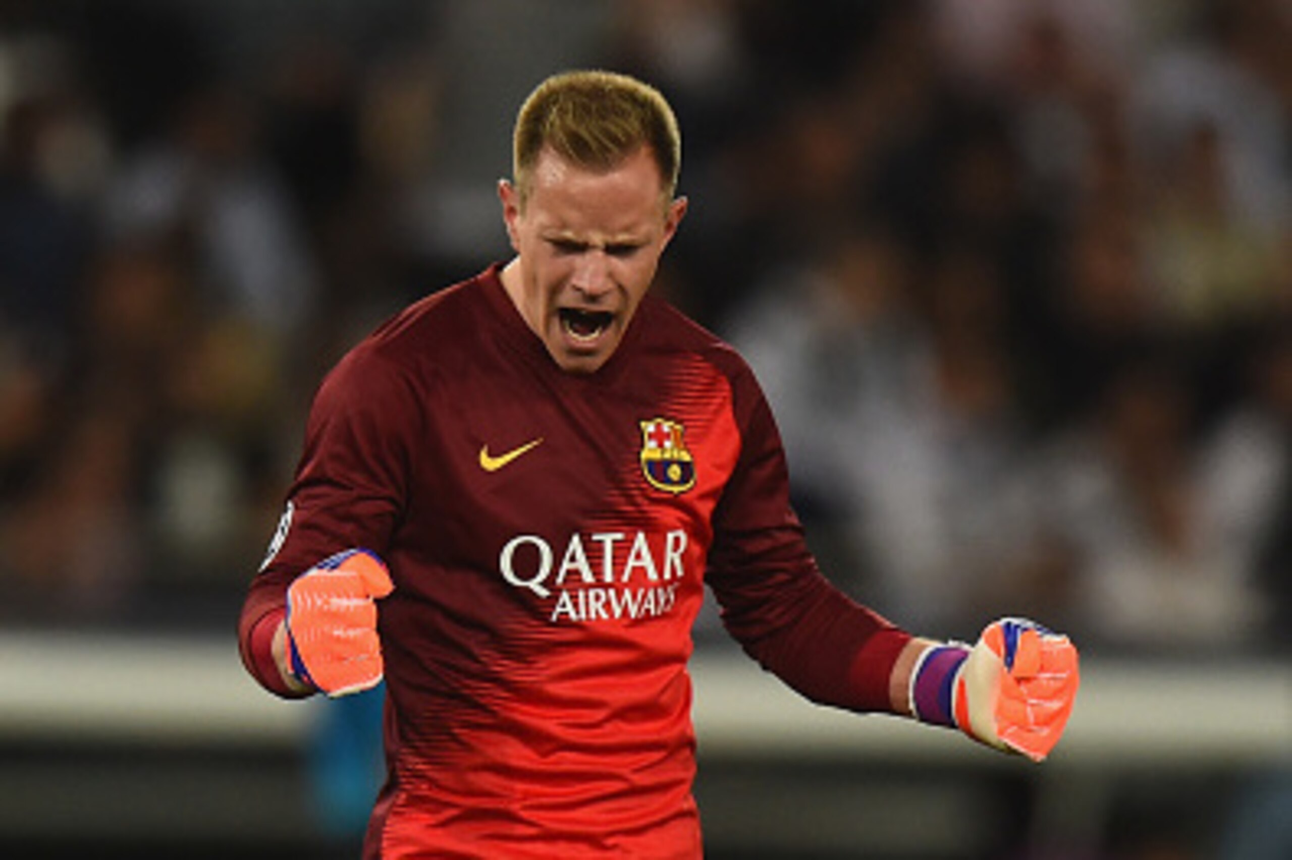 PARIS, FRANCE - APRIL 15:  Marc-Andre ter Stegen of Barcelona celebrates after Luis Suarez of Barcelona scored their third goal during the UEFA Champions League Quarter Final First Leg match between Paris Saint-Germain and FC Barcelona at Parc des Princes