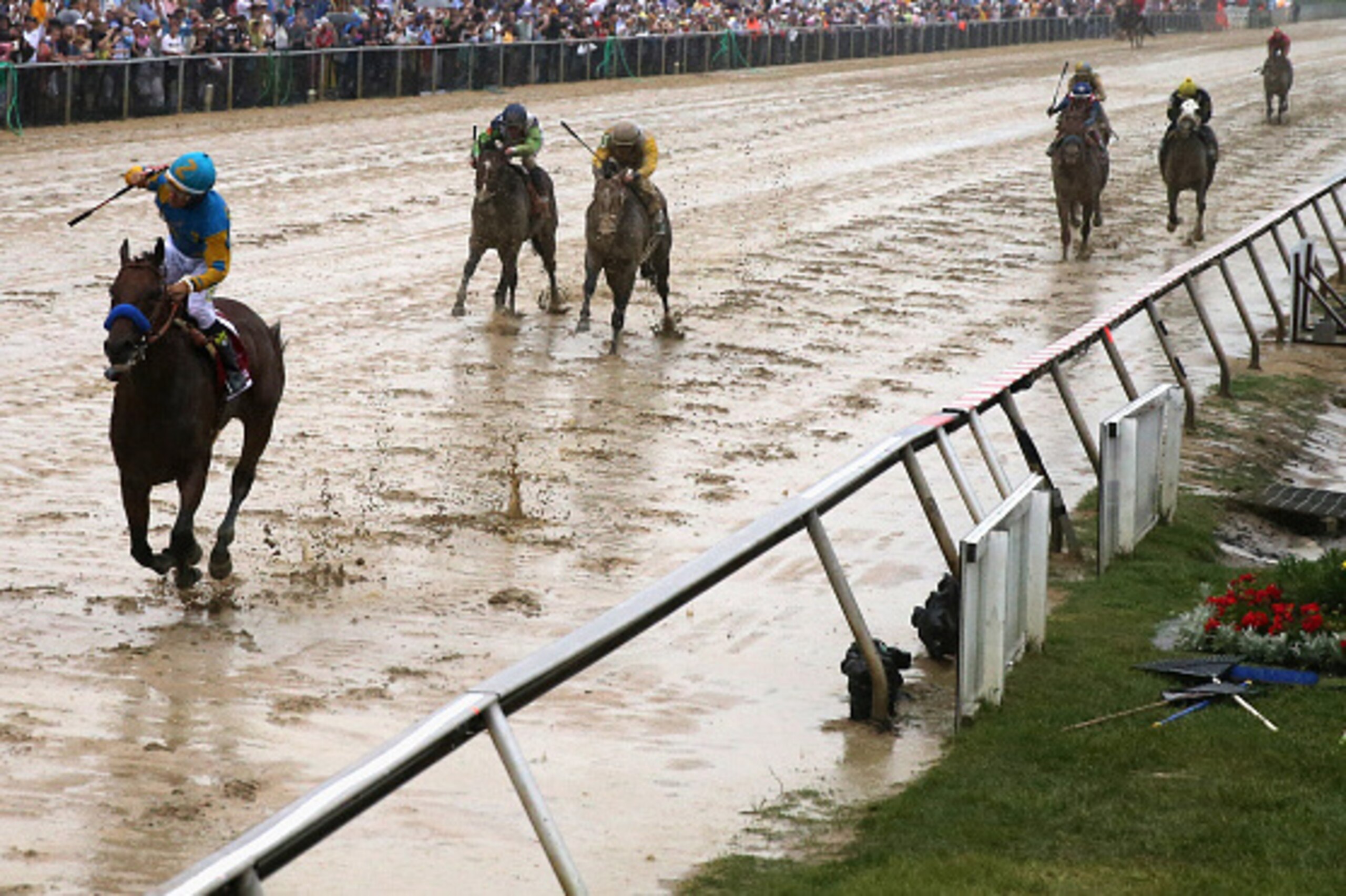 BALTIMORE, MD - MAY 16: Jockey Victor Espinoza celebrates aboard American Pharoah #1 after crossing the finish line to win the 140th running of the Preakness Stakes at Pimlico Race Course on May 16, 2015 in Baltimore, Maryland. (Photo by Rob Carr/Getty BALTIMORE, MD - MAY 16: Jockey Victor Espinoza celebrates aboard American Pharoah #1 after crossing the finish line to win the 140th running of the Preakness Stakes at Pimlico Race Course on May 16, 2015 in Baltimore, Maryland. (Photo by Rob Carr/Getty