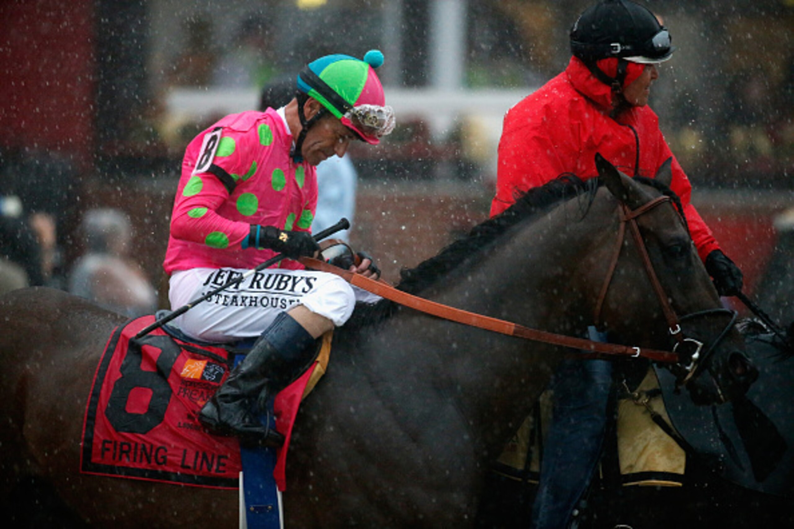 BALTIMORE, MD - MAY 16: Firing Line #8 ridden by Gary L. Stevens walks in the post parade prior to the 140th running of the Preakness Stakes at Pimlico Race Course on May 16, 2015 in Baltimore, Maryland. (Photo by Rob Carr/Getty Images) BALTIMORE, MD - MAY 16: Firing Line #8 ridden by Gary L. Stevens walks in the post parade prior to the 140th running of the Preakness Stakes at Pimlico Race Course on May 16, 2015 in Baltimore, Maryland. (Photo by Rob Carr/Getty Images)