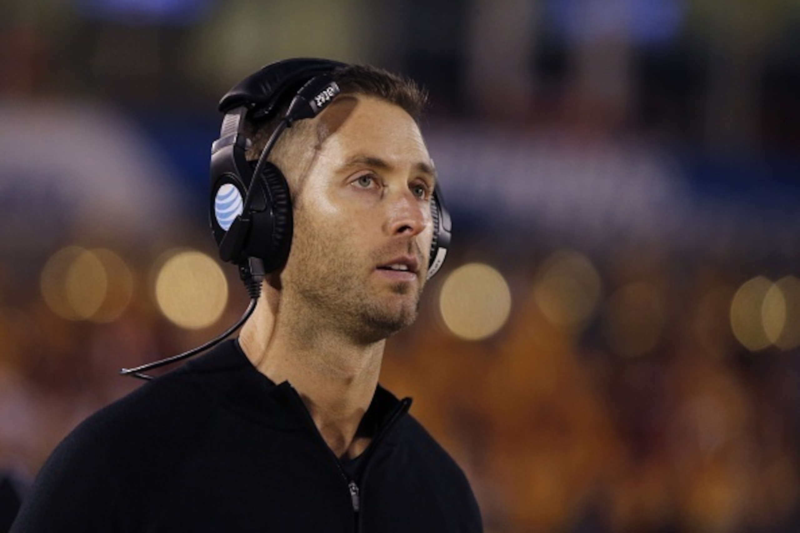 AMES, IA - NOVEMBER 22: Head coach Kliff Kingsbury of the Texas Tech Red Raiders coaches from the sidelines in the second half of play at Jack Trice Stadium on November 22, 2014 in Ames, Iowa. Texas Tech defeated Iowa State 34-31. (Photo by David Purdy/Ge