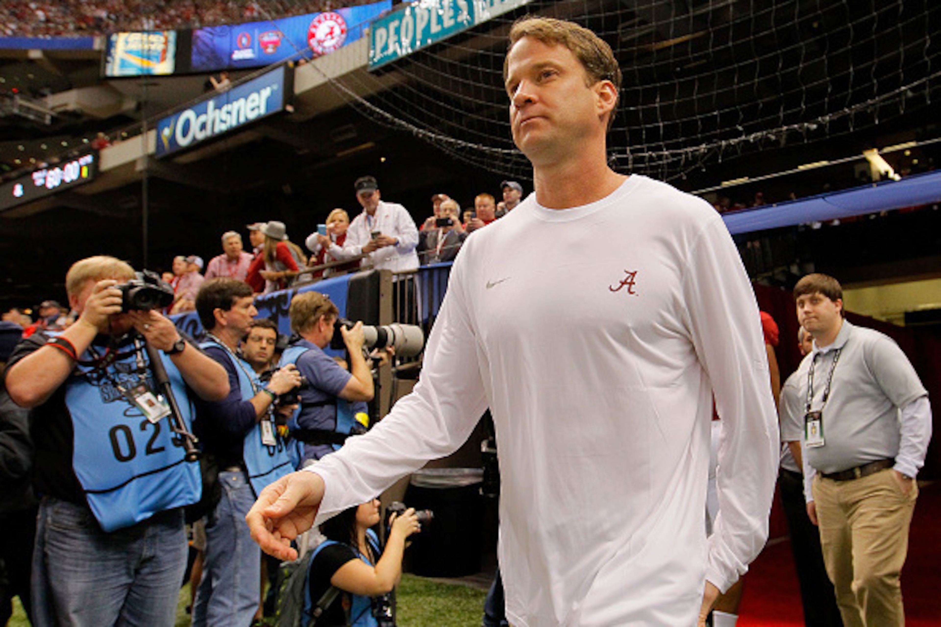 NEW ORLEANS, LA - JANUARY 01:  Lane Kiffin Offensive Coordinator at the University of Alabama looks on against the Alabama Crimson Tide during the All State Sugar Bowl at the Mercedes-Benz Superdome on January 1, 2015 in New Orleans, Louisiana.  (Photo by