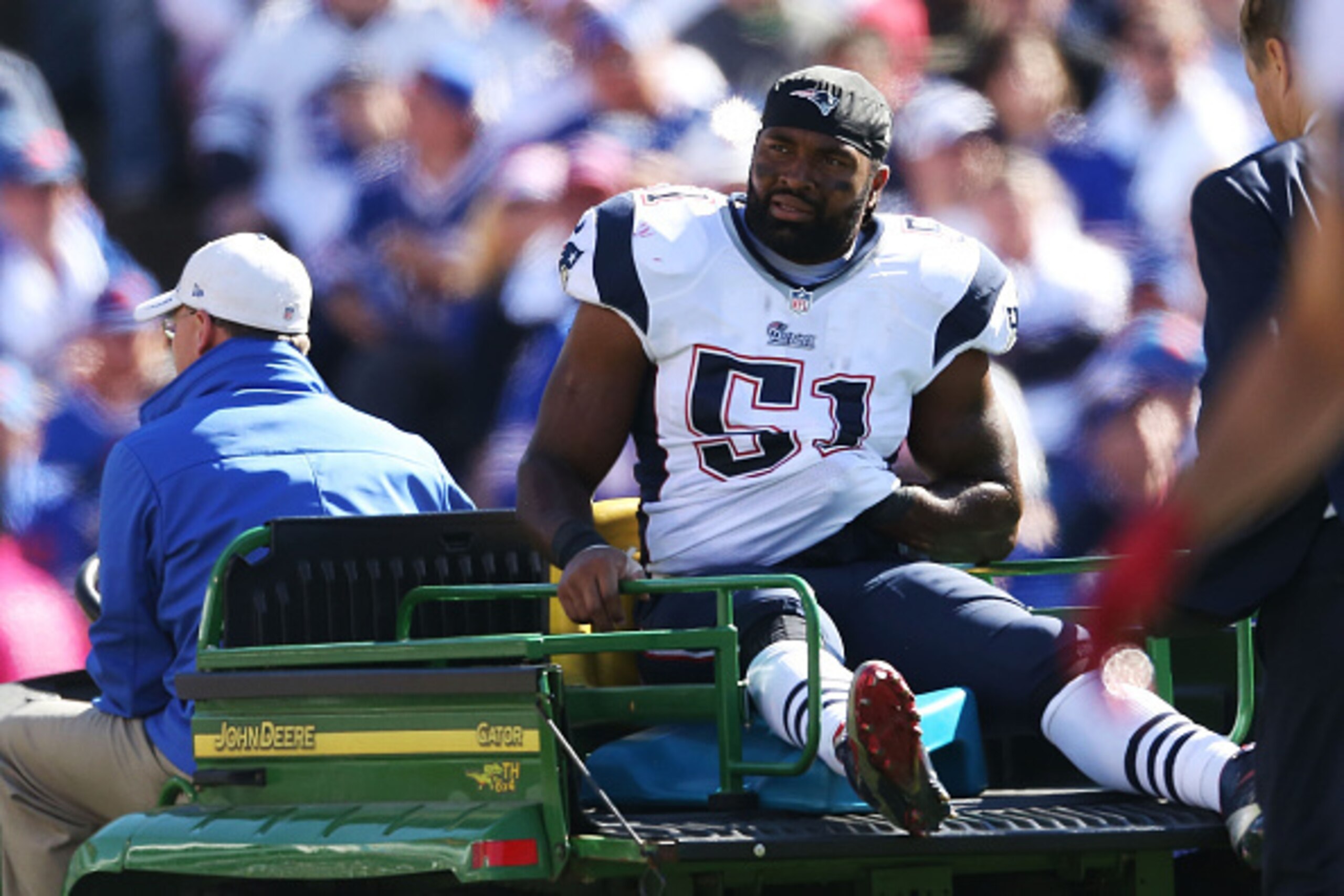 ORCHARD PARK, NY - OCTOBER 12:   Jerod Mayo #51 of the New England Patriots is carted off the field after an injury against the Buffalo Bills during the first half at Ralph Wilson Stadium on October 12, 2014 in Orchard Park, New York.  (Photo by Tom Szcze