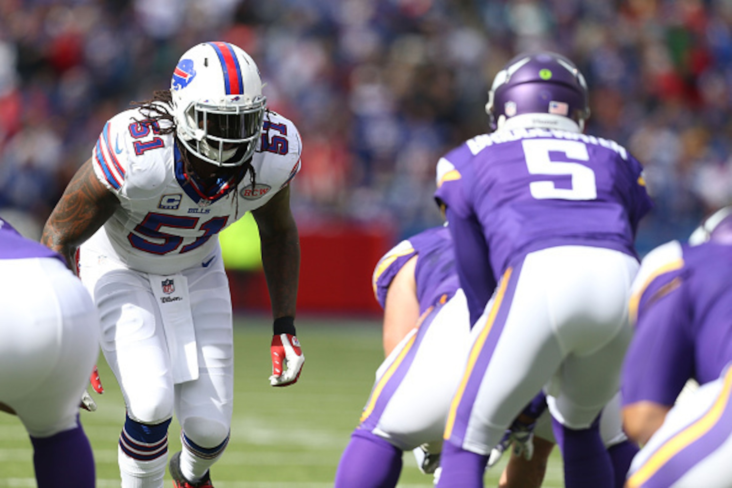 ORCHARD PARK, NY - OCTOBER 19:   Brandon Spikes #51 of the Buffalo Bills lines up across from Teddy Bridgewater #5 of the Minnesota Vikings during the first half at Ralph Wilson Stadium on October 19, 2014 in Orchard Park, New York.  (Photo by Brett Carls