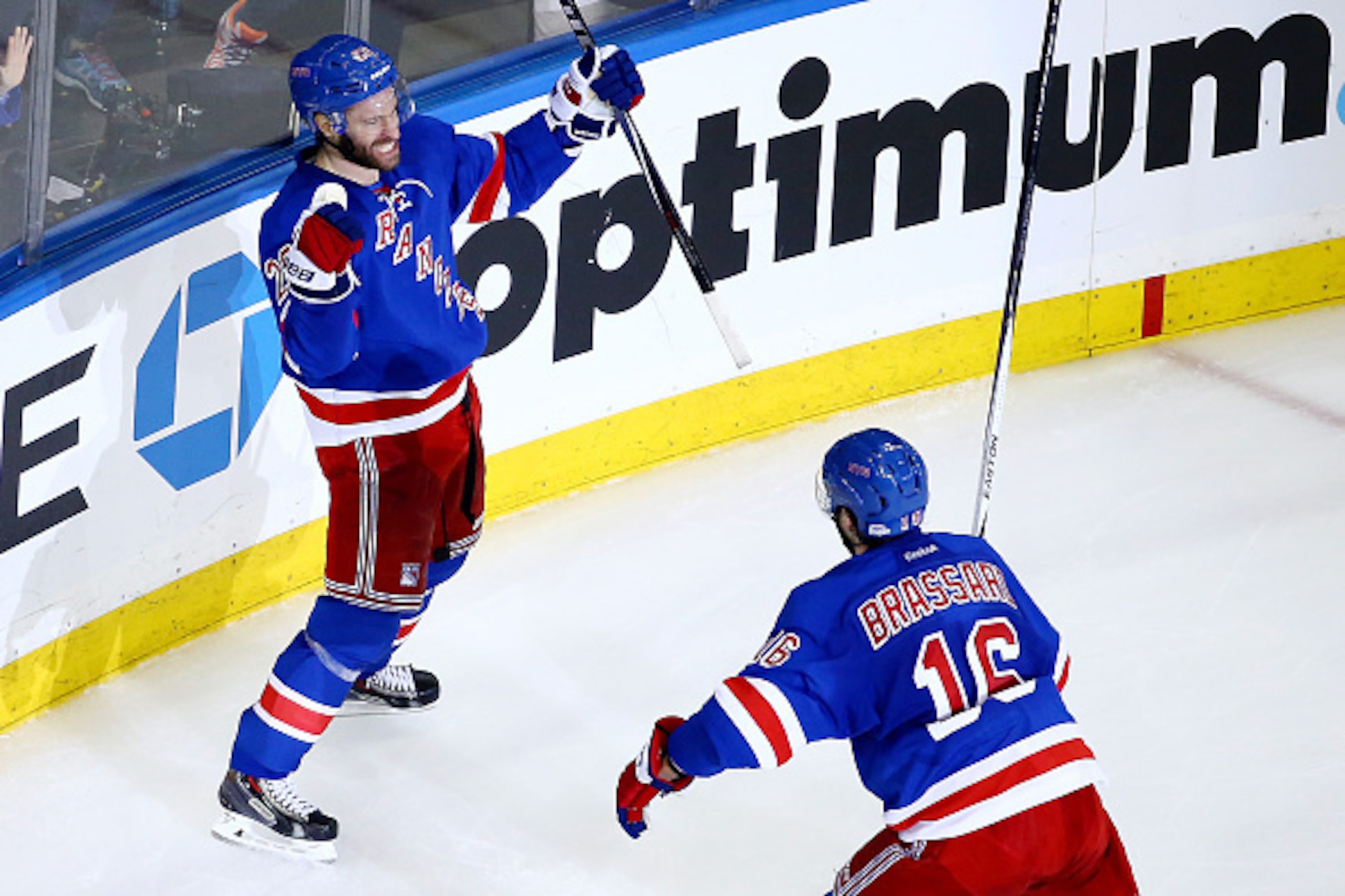 NEW YORK, NY - MAY 16:  Dominic Moore #28 of the New York Rangers celebrates scoring the game-winning goal in the third period against the Tampa Bay Lightning in Game One of the Eastern Conference Finals during the 2015 NHL Stanley Cup Playoffs at Madison