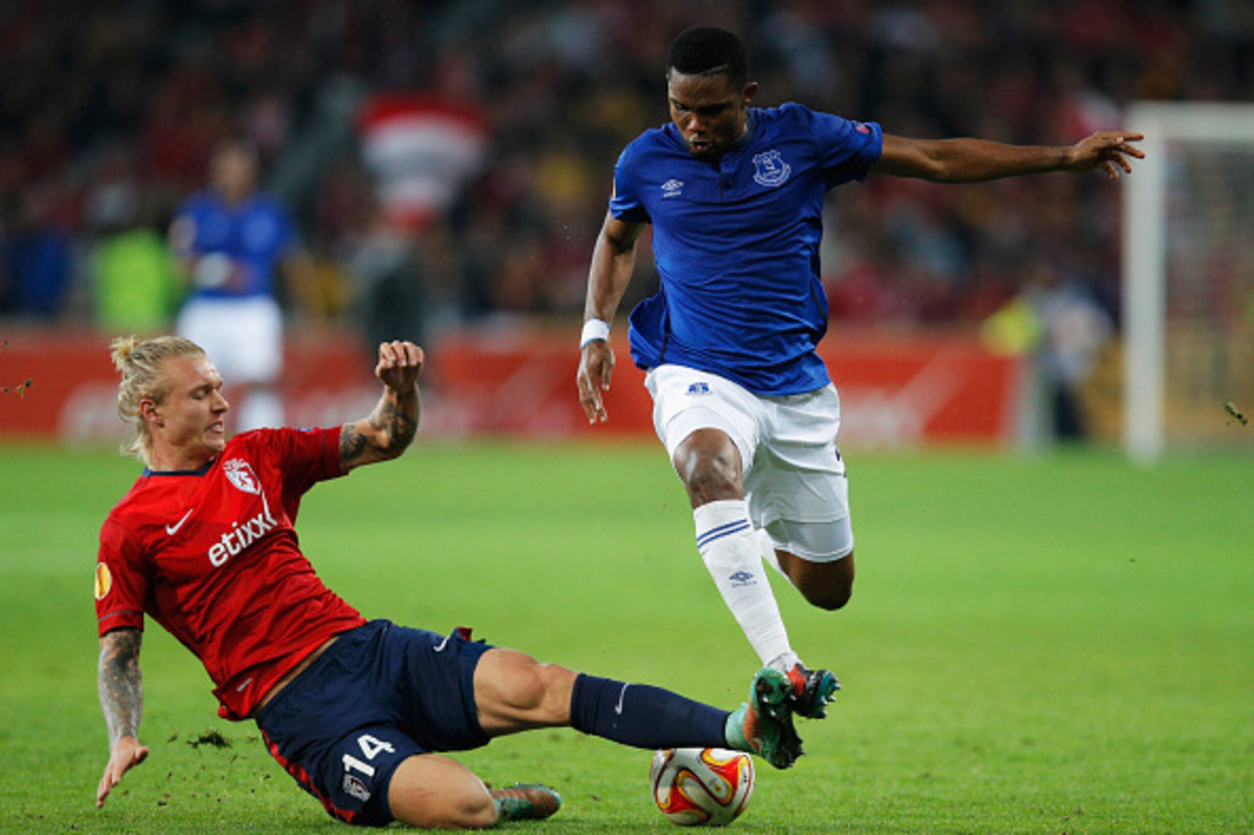LILLE, FRANCE - OCTOBER 23:  Samuel Eto'o of Everton is tackled by Simon Kjaer of Lille during the UEFA Europa League Group H match between LOSC Lille and Everton at Grand Stade Lille Metropole on October 23, 2014 in Lille, France.  (Photo by Dean Mouhtar