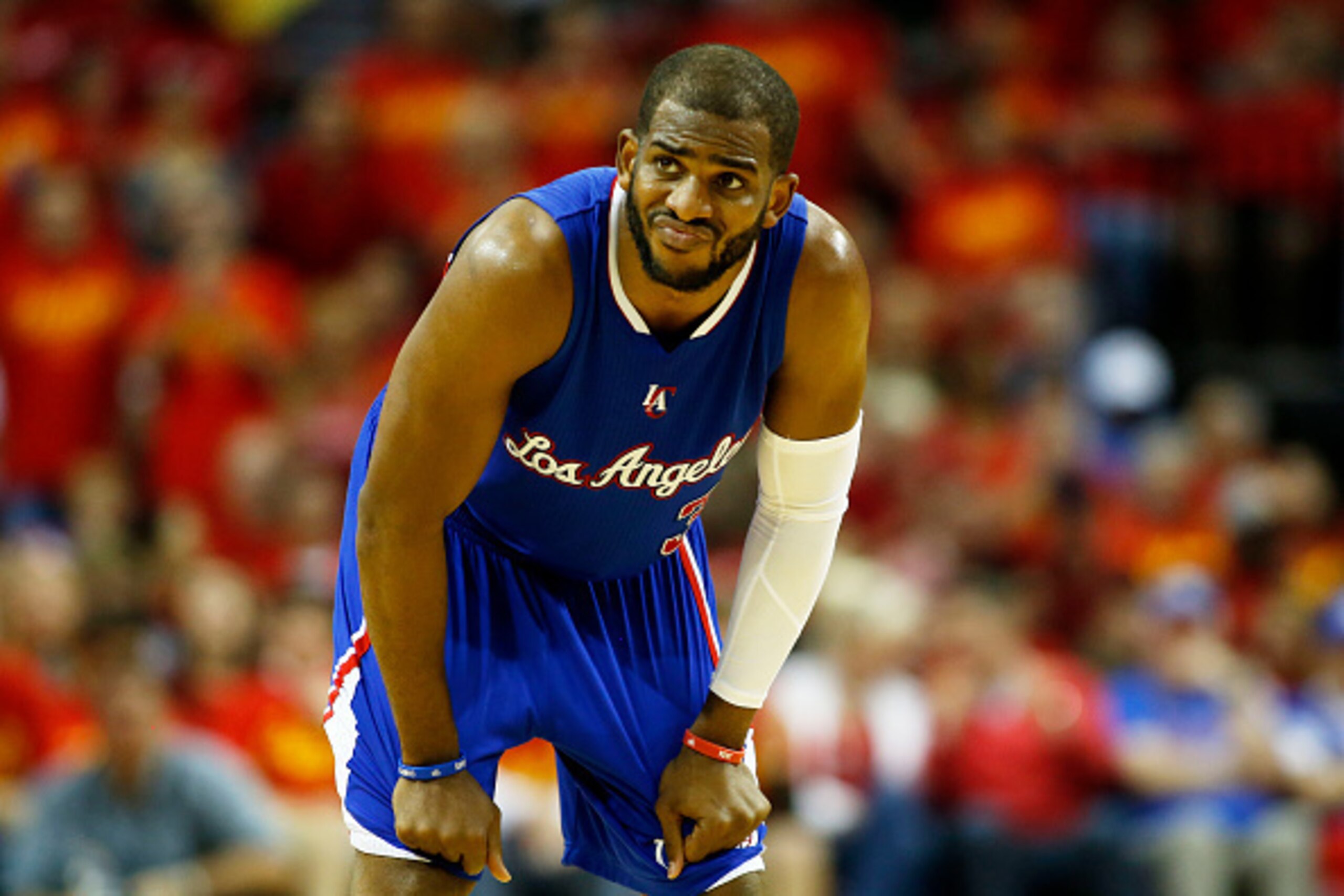HOUSTON, TX - MAY 17:  Chris Paul #3 of the Los Angeles Clippers reacts in the third quarter against the Houston Rockets during Game Seven of the Western Conference Semifinals at the Toyota Center for the 2015 NBA Playoffs on May 17, 2015 in Houston, Texa