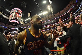 CHICAGO,IL :  LeBron James #23 of the Cleveland Cavaliers walks off the court after winning game six against the Chicago Bulls at the United Center During Game Six of the Eastern Conference Semifinals during the 2015 NBA Playoffs on May 14, 2015 in Chicag