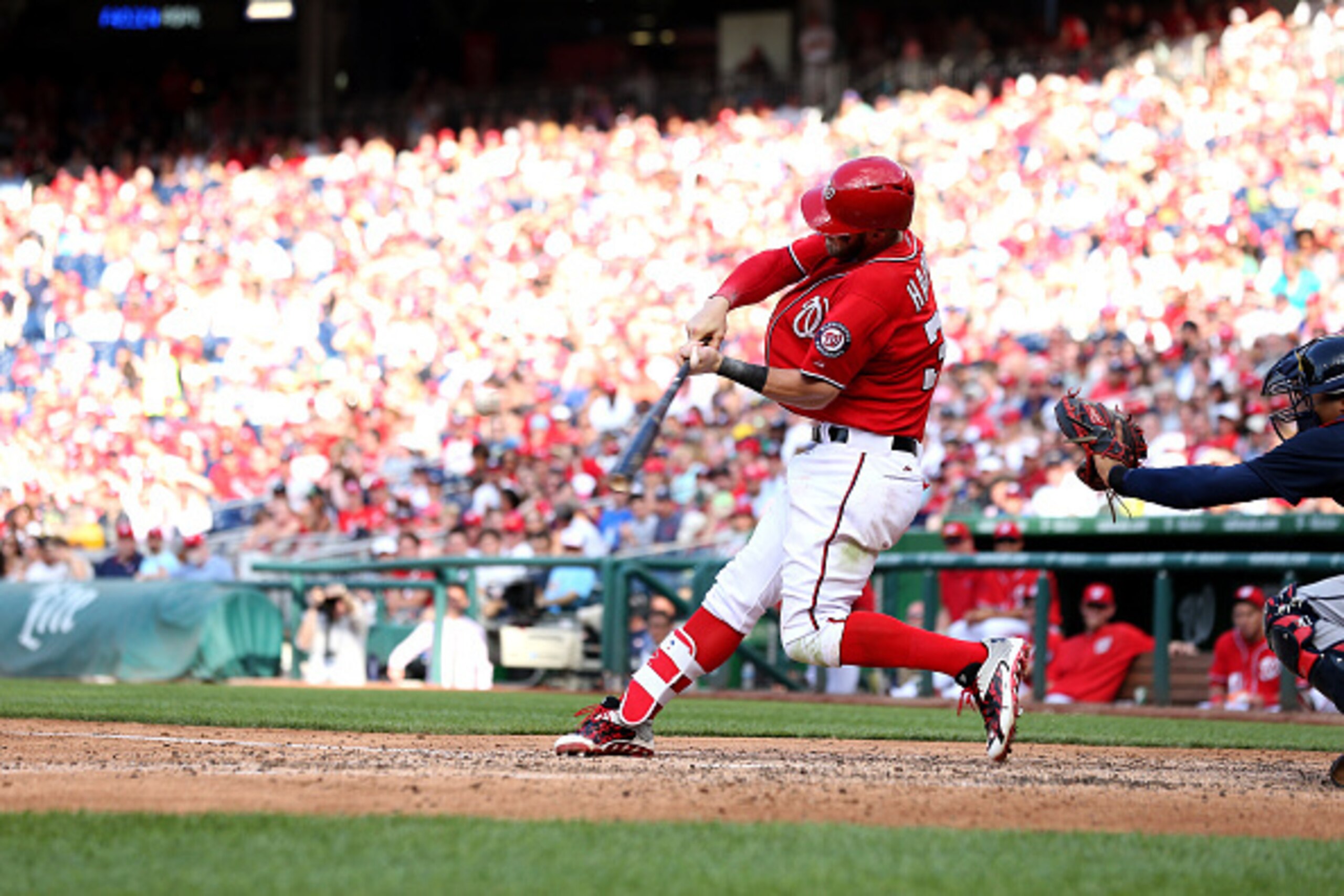 WASHINGTON, DC - MAY 09: Bryce Harper #34 of the Washington Nationals bats against the Atlanta Braves at Nationals Park on May 9, 2015 in Washington, DC. The Washington Nationals won, 8-6. (Photo by Patrick Smith/Getty Images)