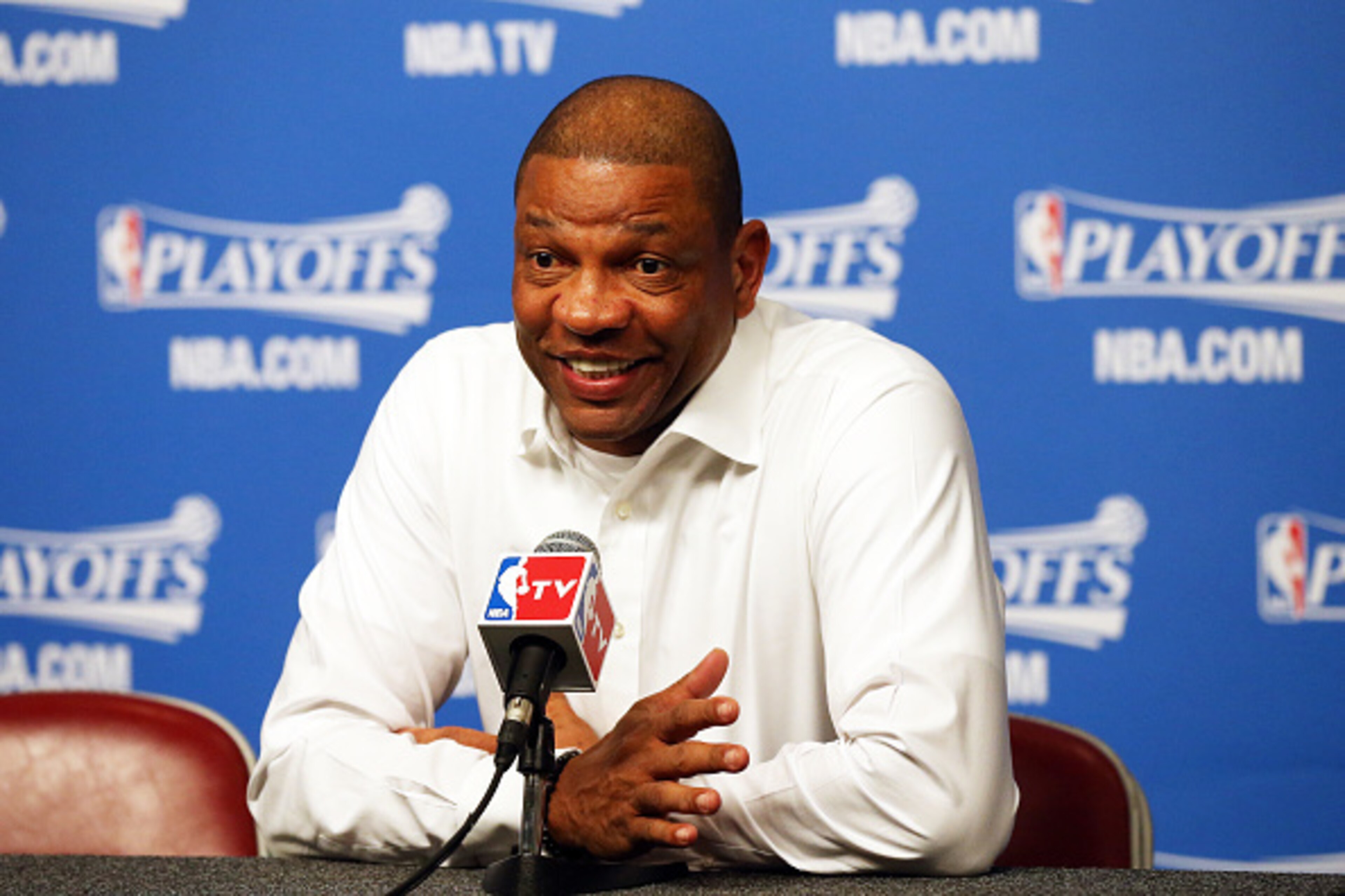HOUSTON, TX - MAY 12:  Head coach Doc Rivers of the Los Angeles Clippers speaks at a press conference before Game Five of the Western Conference Semifinals against the Houston Rockets during the 2015 NBA Playoffs on May 12, 2015 at the Toyota Center in Ho