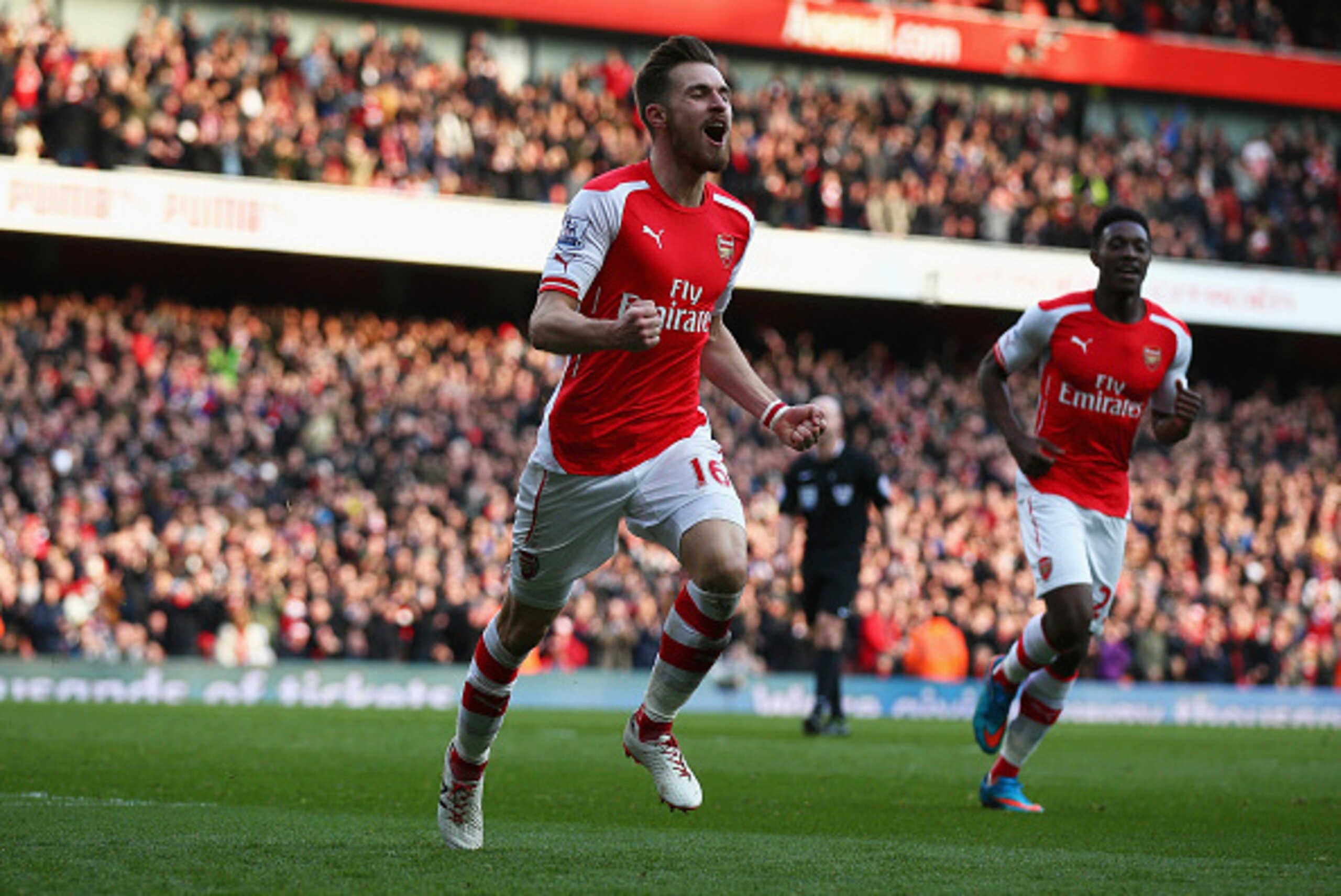 LONDON, ENGLAND - MARCH 14:  Aaron Ramsey of Arsenal celebrates scoring his team's second goal during the Barclays Premier League match between Arsenal and West Ham United at Emirates Stadium on March 14, 2015 in London, England.  (Photo by Ian Walton/Get