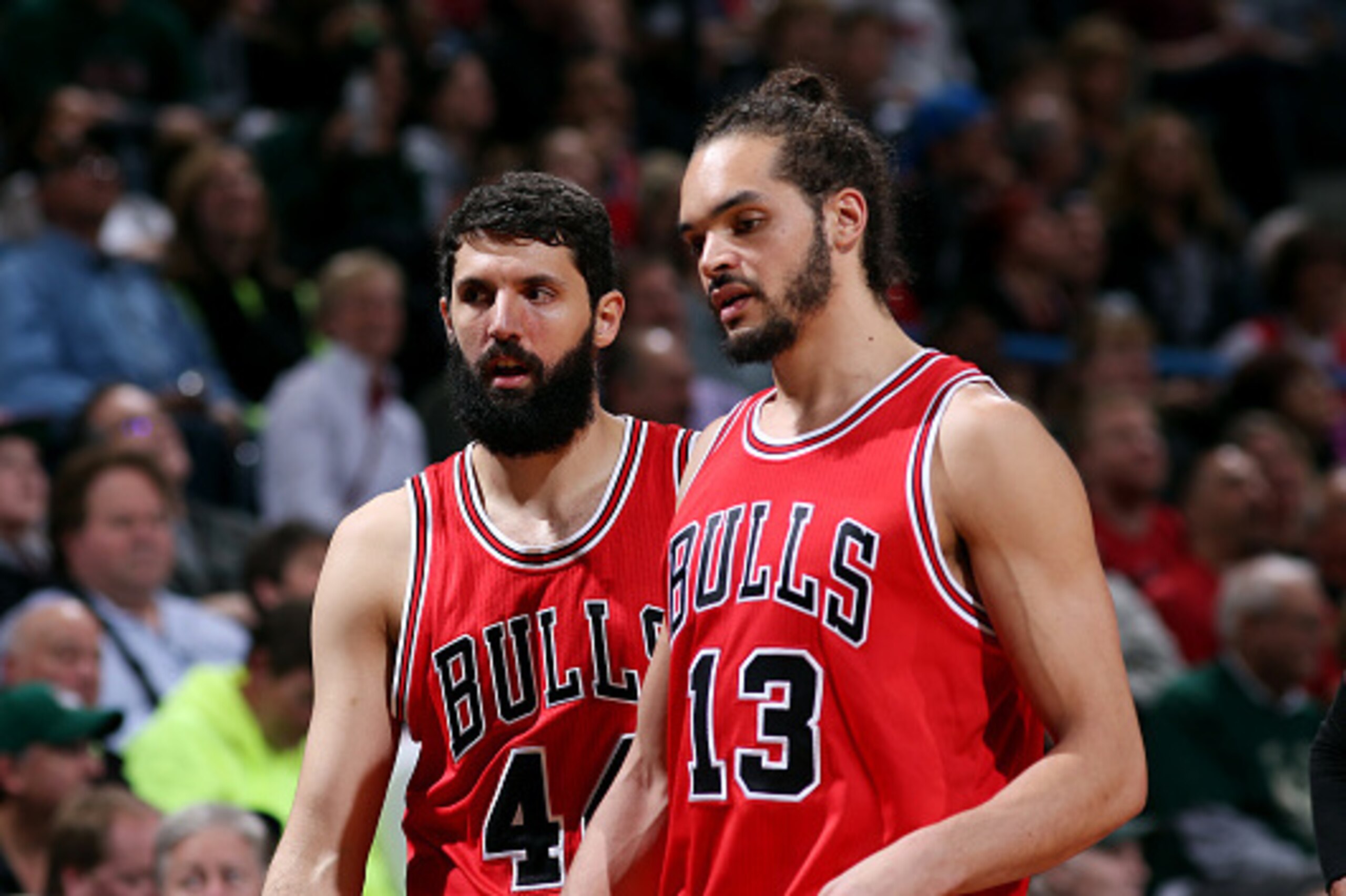 MILWAUKEE, WI - APRIL 25: Nikola Mirotic #44 and Joakim Noah #13 of the Chicago Bulls stand on the court during a game against the Milwaukee Bucks in Game Four of the Eastern Conference Quarterfinals during the 2015 NBA Playoffs on April 25, 2015 at the B