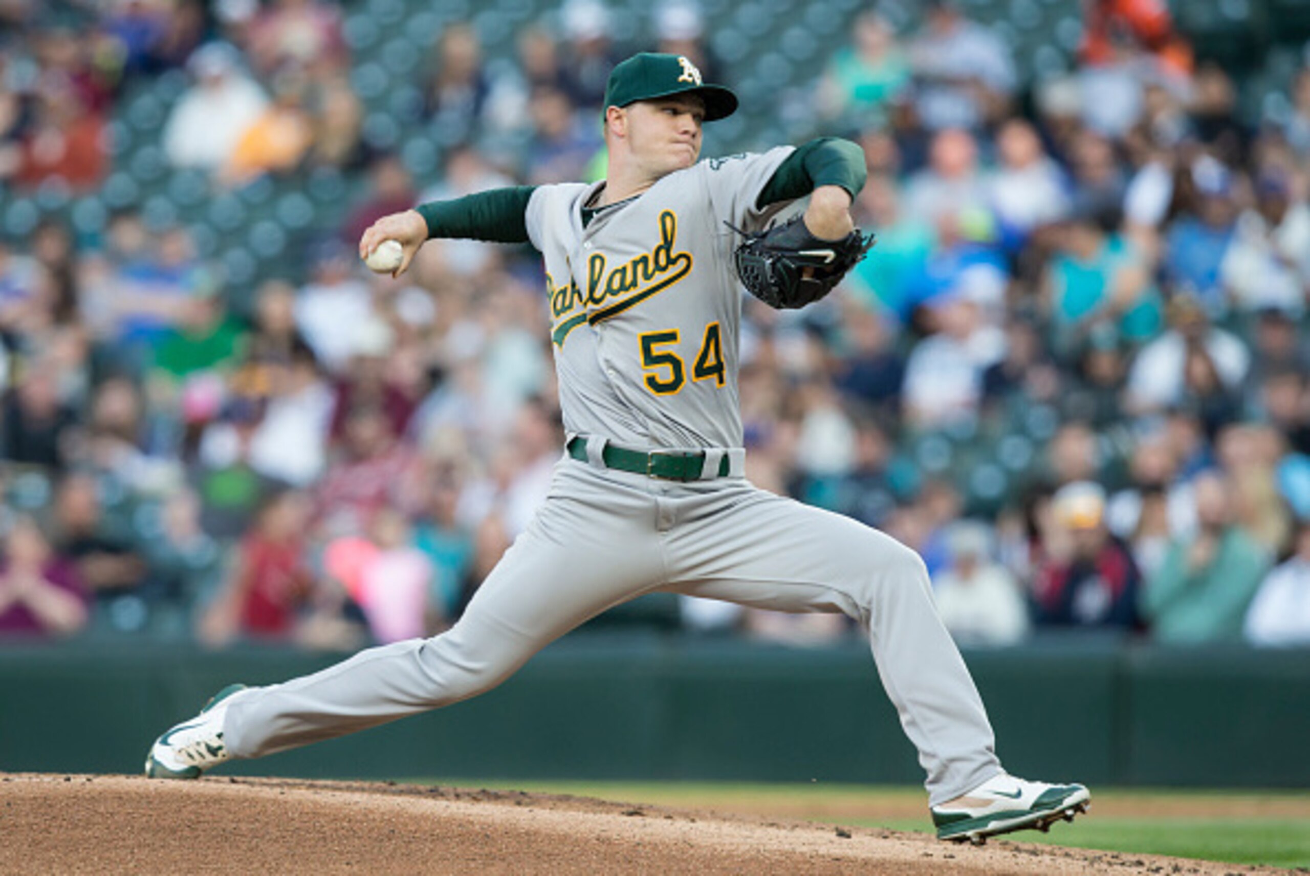 SEATTLE, WA - MAY 8: Sonny Gray #54 of the Oakland Athletics pitches against the Seattle Mariners at Safeco Field on May 8, 2015 in Seattle, Washington. The Mariners won the game 4-3 in eleven innings. (Photo by Stephen Brashear/Getty Images)