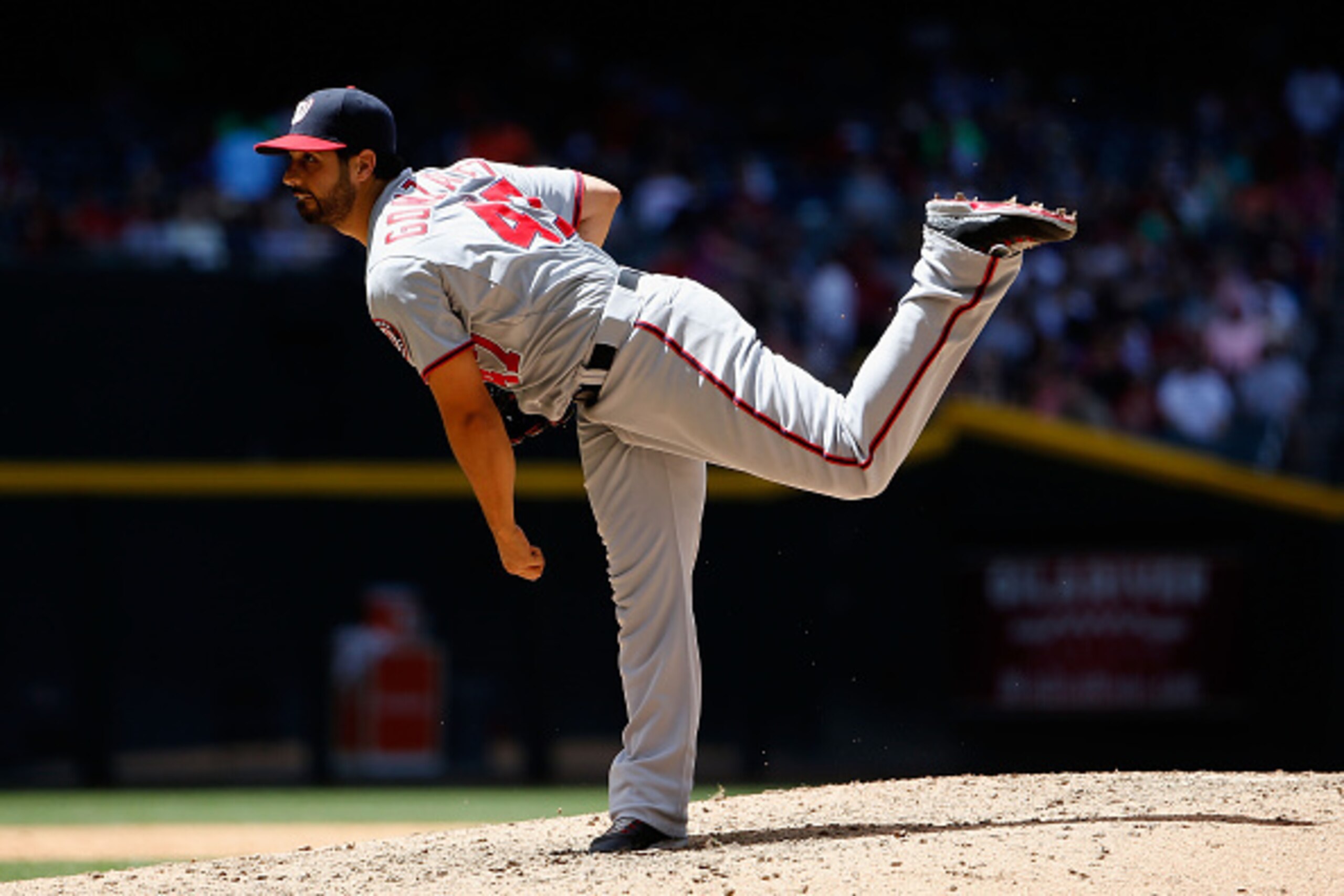 PHOENIX, AZ - MAY 13:  Starting pitcher Gio Gonzalez #47 of the Washington Nationals pitches against the Arizona Diamondbacks during the MLB game at Chase Field on May 13, 2015 in Phoenix, Arizona.  (Photo by Christian Petersen/Getty Images)