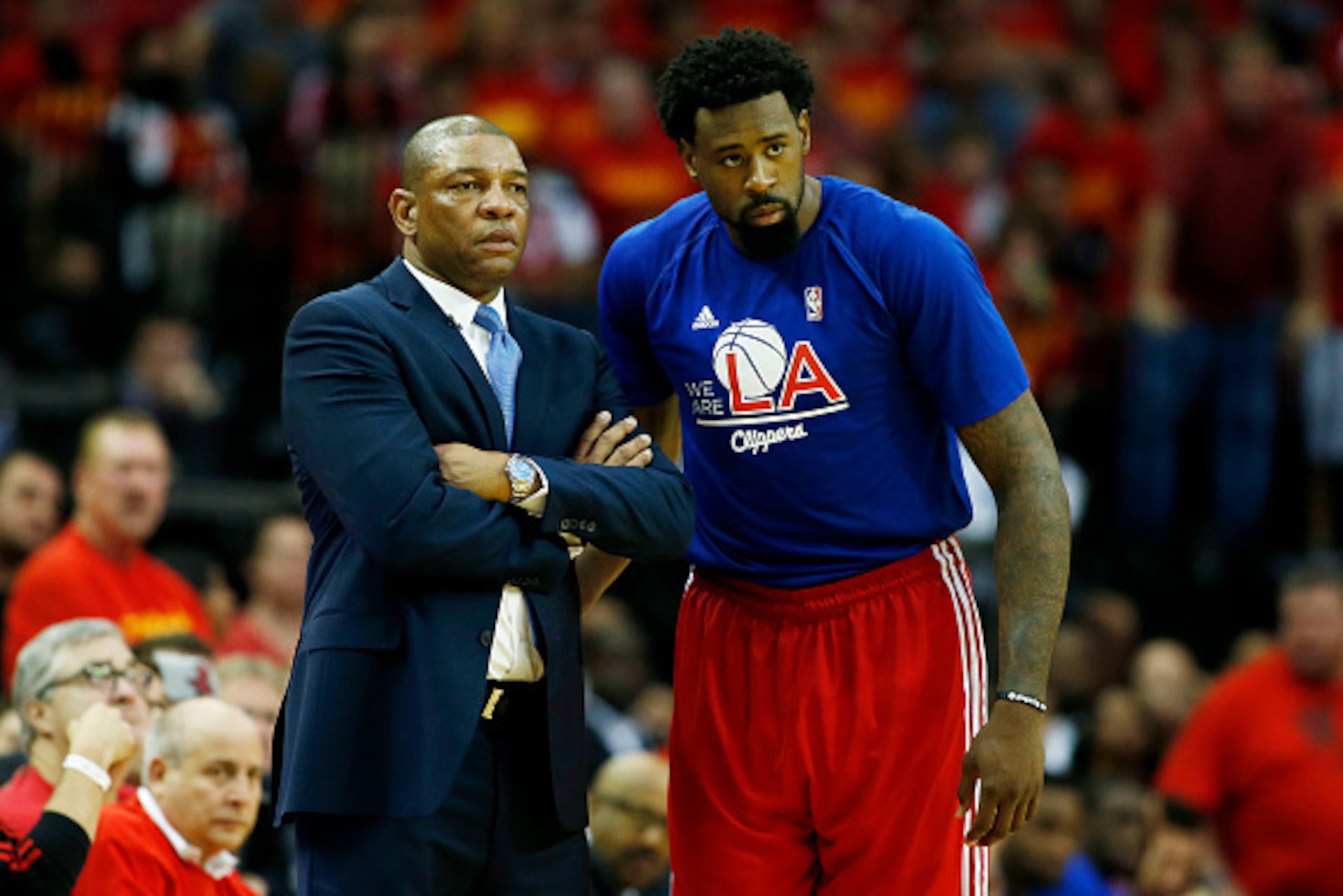 HOUSTON, TX - MAY 17:  Head coach Doc Rivers and DeAndre Jordan #6 of the Los Angeles Clippers react in the fourth quarter against the Houston Rockets during Game Seven of the Western Conference Semifinals at the Toyota Center for the 2015 NBA Playoffs on