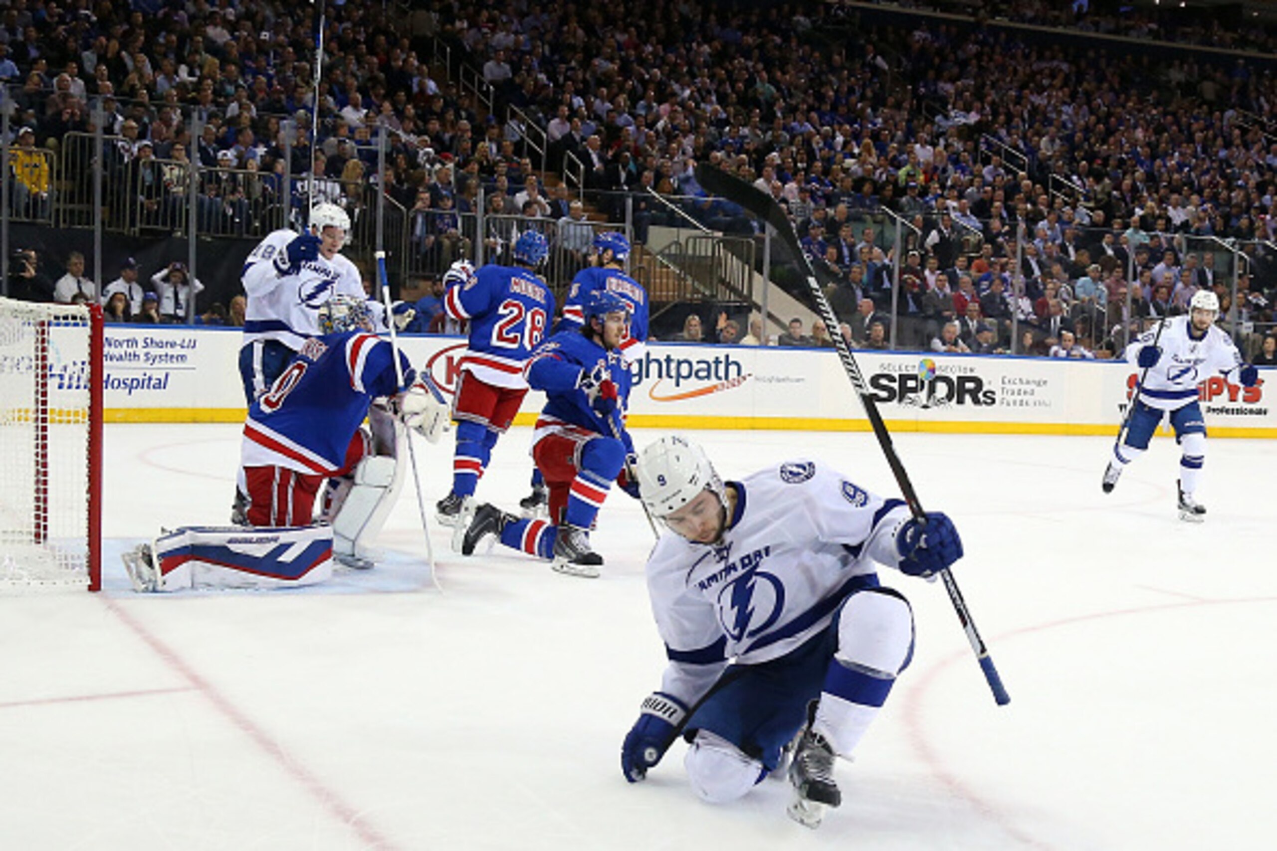NEW YORK, NY - MAY 18:  Tyler Johnson #9 of the Tampa Bay Lightning celebrates his second goal in the first period against Henrik Lundqvist #30 of the New York Rangers during Game Two of the Eastern Conference Finals during the 2015 NHL Stanley Cup Playof