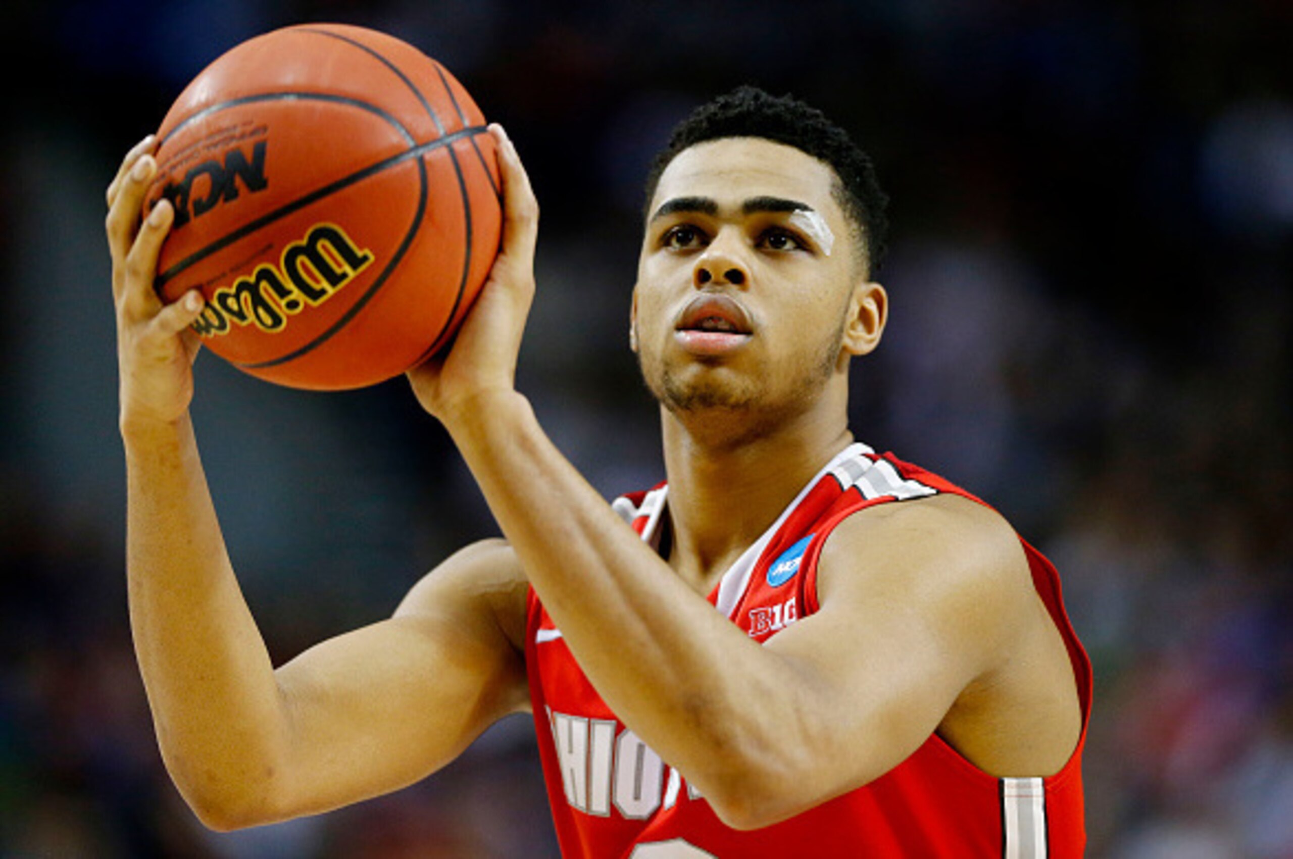 PORTLAND, OR - MARCH 21:  D'Angelo Russell #0 of the Ohio State Buckeyes takes a free htrow in the second half against the Arizona Wildcats during the third round of the 2015 NCAA Men's Basketball Tournament at Moda Center on March 21, 2015 in Portland, O
