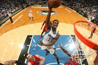 MINNEAPOLIS, MN - APRIL 1: Andrew Wiggins #22 of the Minnesota Timberwolves goes for the layup against the Toronto Raptors during the game on April 1, 2015 at Target Center in Minneapolis, Minnesota. NOTE TO USER: User expressly acknowledges and agrees th