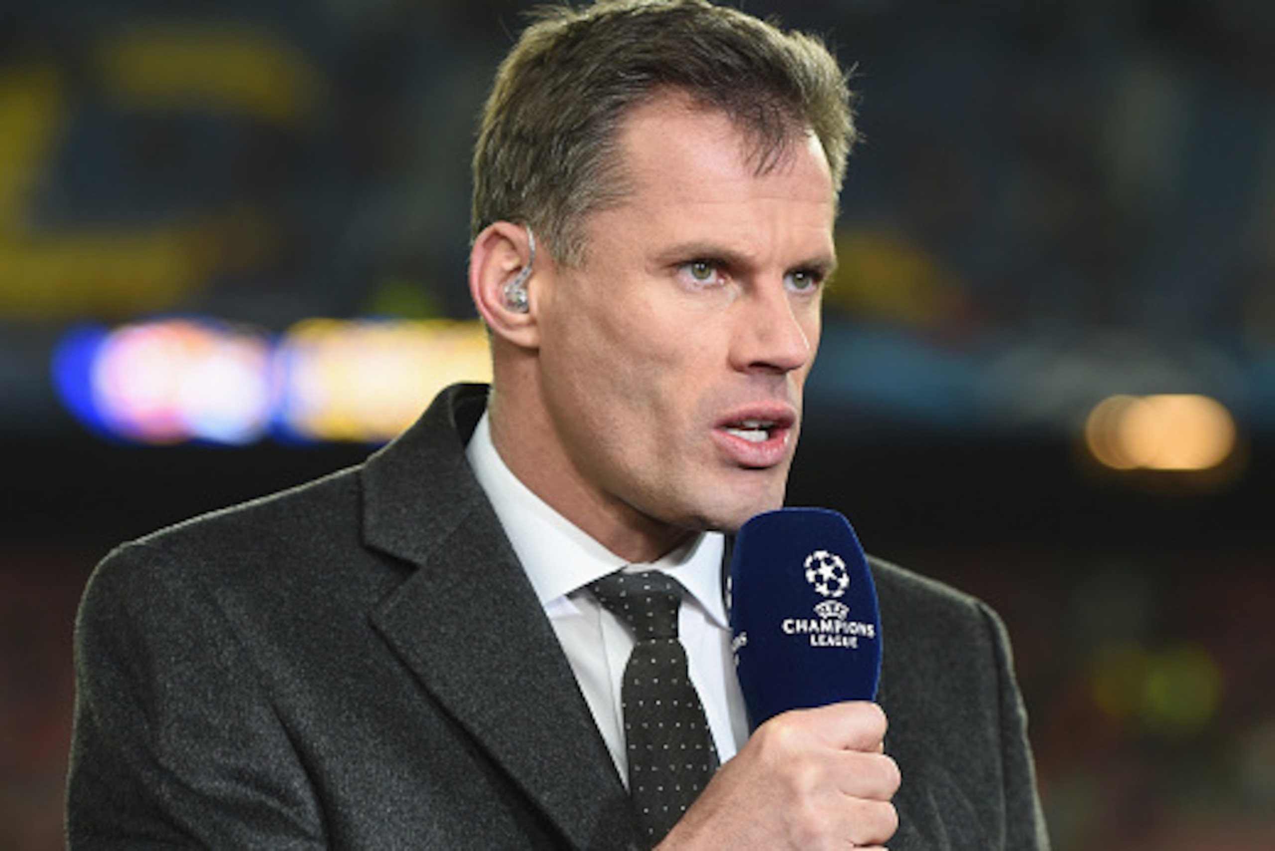 BARCELONA, SPAIN - MARCH 18:  Sky Sports commentator Jamie Carragher looks on prior to the UEFA Champions League Round of 16 second leg match between Barcelona and Manchester City at Camp Nou on March 18, 2015 in Barcelona, Spain.  (Photo by Michael Regan