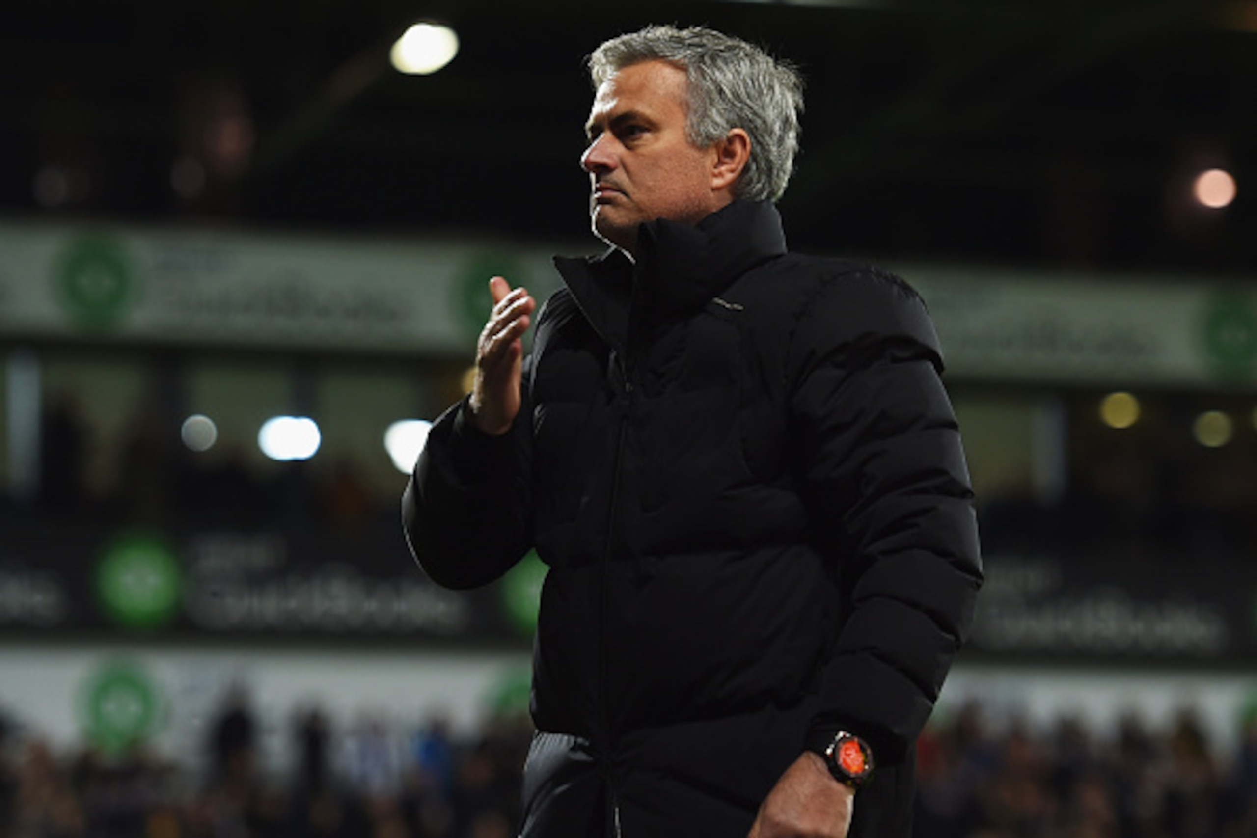 WEST BROMWICH, ENGLAND - MAY 18:  Jose Mourinho manager of Chelsea signals to the travelling fans after defeat during the Barclays Premier League match between West Bromwich Albion and Chelsea at The Hawthorns on May 18, 2015 in West Bromwich, England.  (