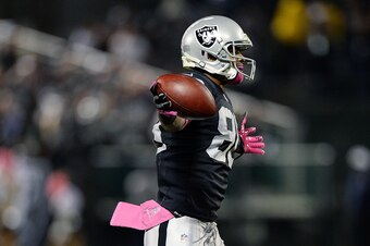 OAKLAND, CA - OCTOBER 06:  Rod Streater #80 of the Oakland Raiders celebrates after he caught a fourty four yard touchdown pass against the San Diego Chargers during the first quarter at O.co Coliseum on October 6, 2013 in Oakland, California.  (Photo by