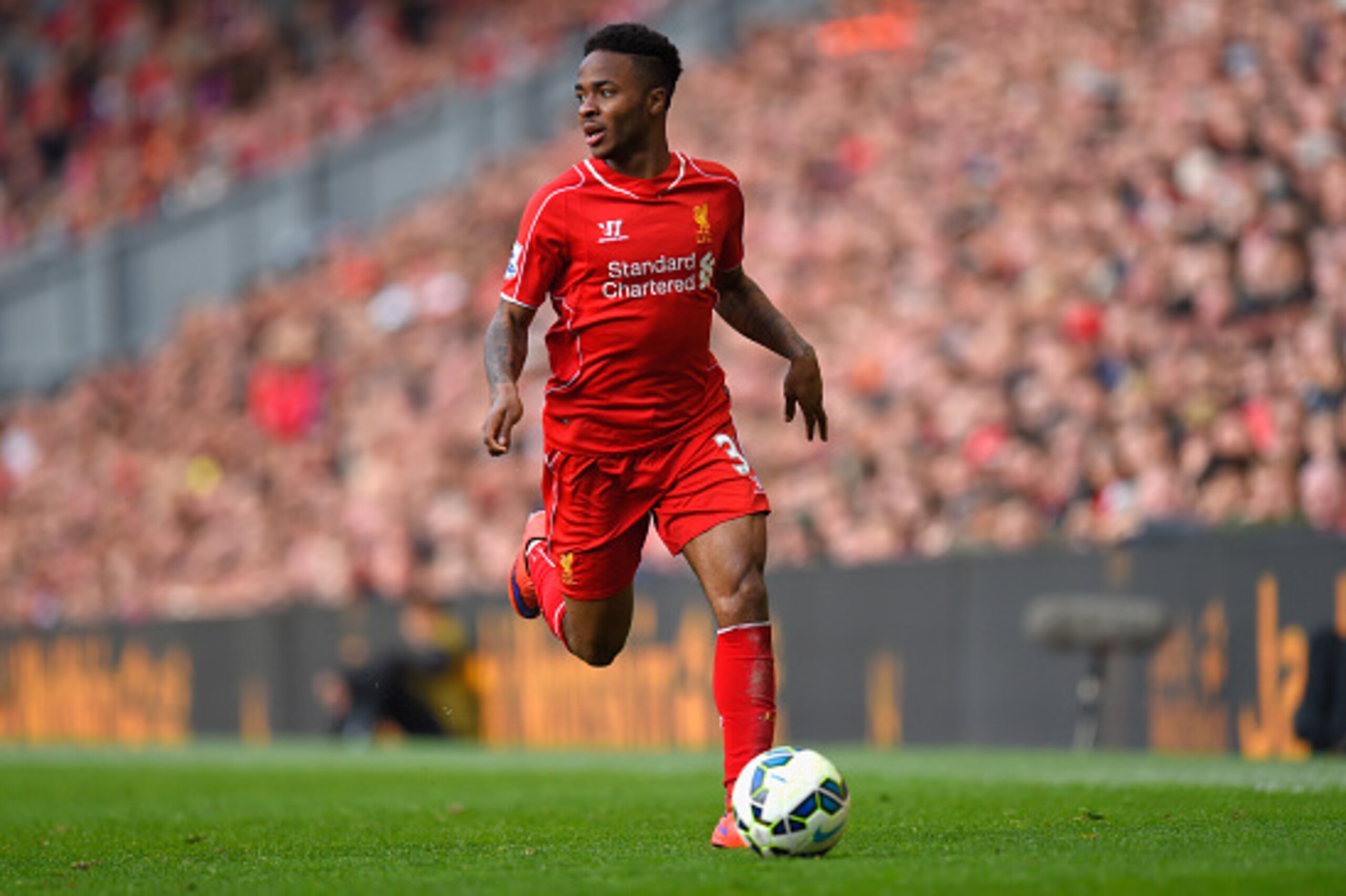 LIVERPOOL, ENGLAND - MAY 16:  Raheem Sterling of Liverpool in action during the Barclays Premier League match betrween Liverpool and Crystal Palace at Anfield on May 16, 2015 in Liverpool, England.  (Photo by Stu Forster/Getty Images)