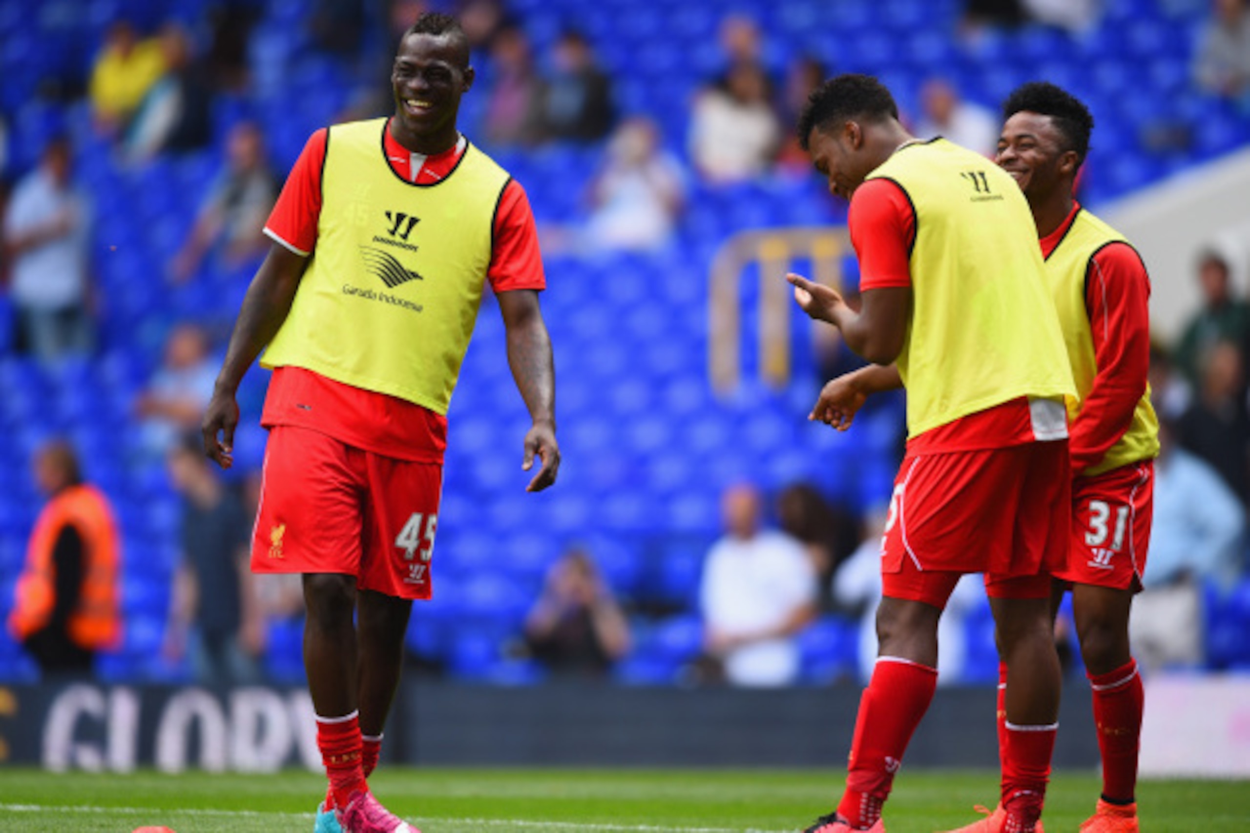 LONDON, ENGLAND - AUGUST 31: Mario Balotelli shares a joke with Daniel Sturridge and Raheem Sterling of Liverpool during the Barclays Premier League match between Tottenham Hotspur and Liverpool at White Hart Lane on August 31, 2014 in London, England. LONDON, ENGLAND - AUGUST 31: Mario Balotelli shares a joke with Daniel Sturridge and Raheem Sterling of Liverpool during the Barclays Premier League match between Tottenham Hotspur and Liverpool at White Hart Lane on August 31, 2014 in London, England.