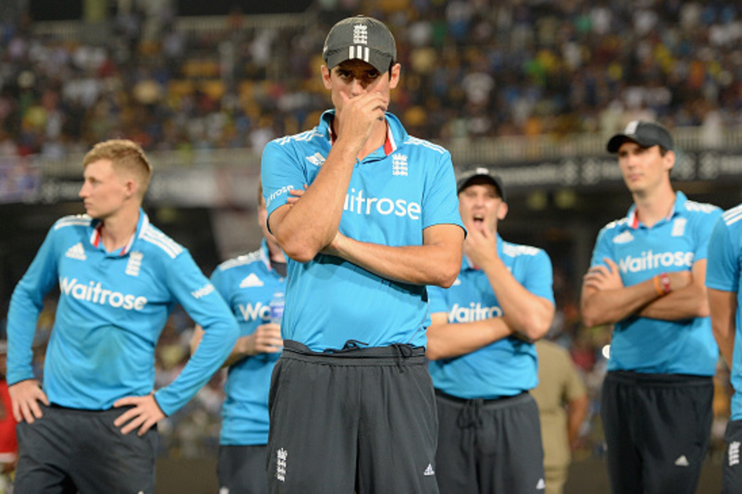 COLOMBO, SRI LANKA - DECEMBER 16:  England captain Alastair Cook watched the presentations after losing the 7th One Day International match between Sri Lanka and England at R. Premadasa Stadium on December 16, 2014 in Colombo, Sri Lanka.  (Photo by Gareth