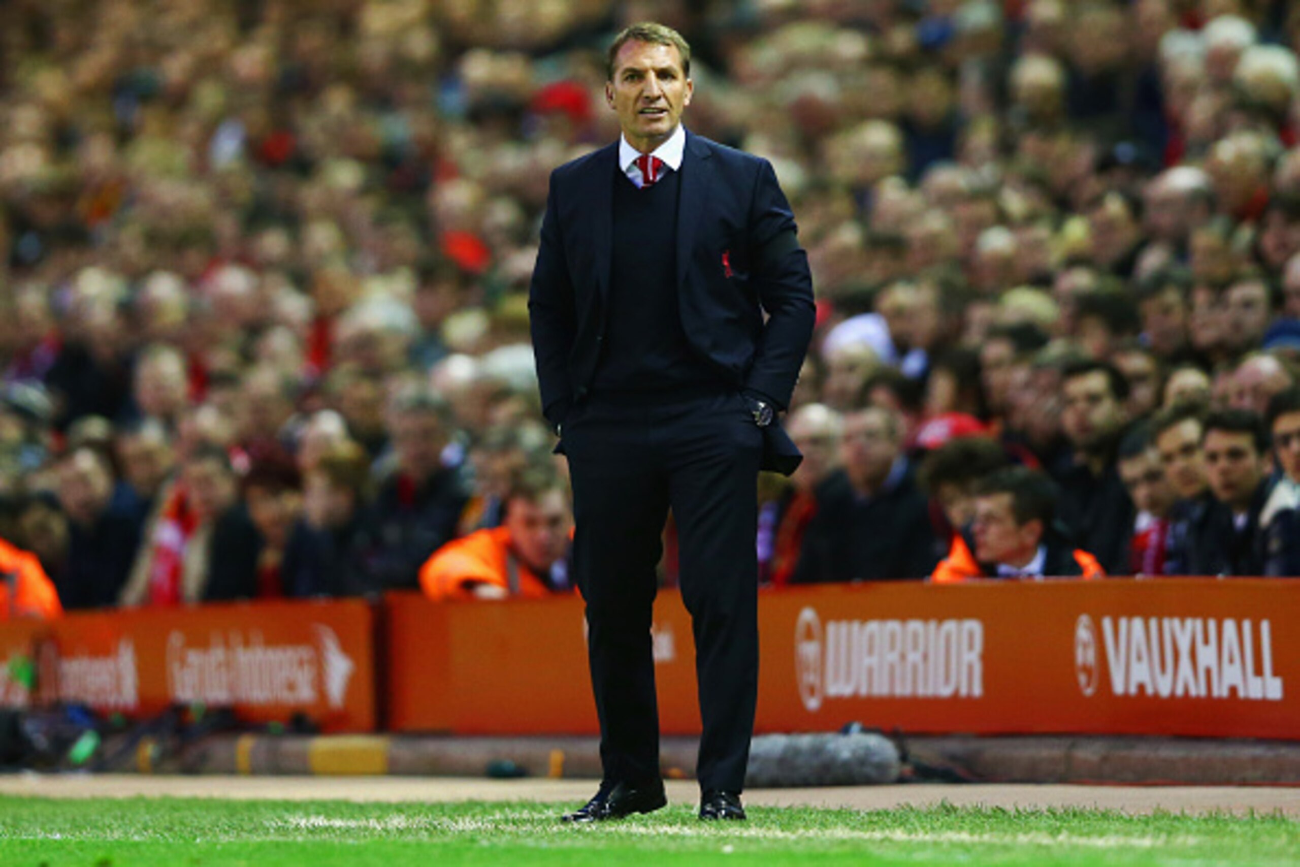 LIVERPOOL, ENGLAND - APRIL 13:  Brendan Rodgers manager of Liverpool looks on from the touchline during the Barclays Premier League match between Liverpool and Newcastle United at Anfield on April 13, 2015 in Liverpool, England.  (Photo by Clive Brunskill