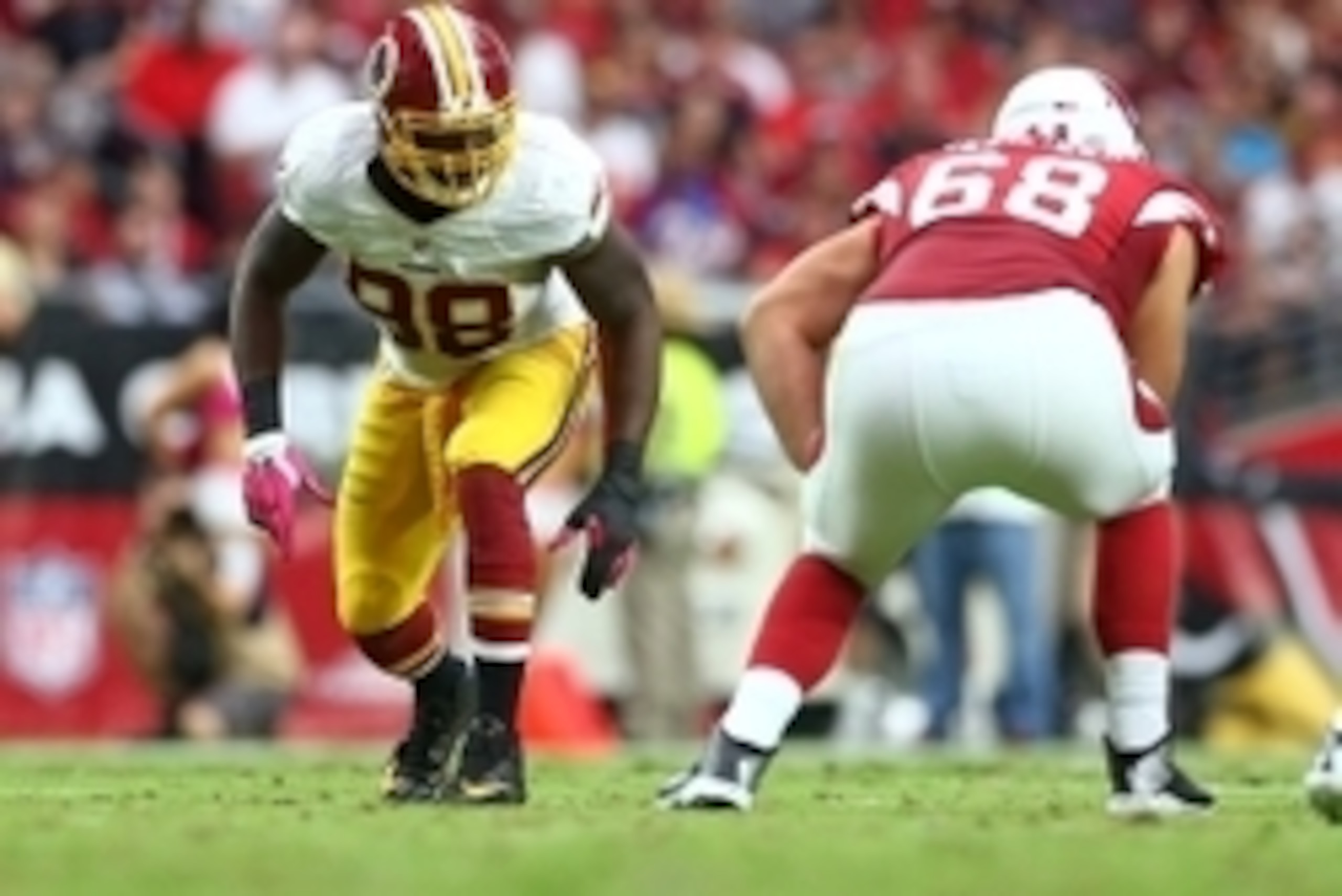 Oct 12, 2014; Glendale, AZ, USA; Washington Redskins linebacker Brian Orakpo (98) against the Arizona Cardinals at University of Phoenix Stadium. The Cardinals defeated the Redskins 30-20. Mandatory Credit: Mark J. Rebilas-USA TODAY Sports