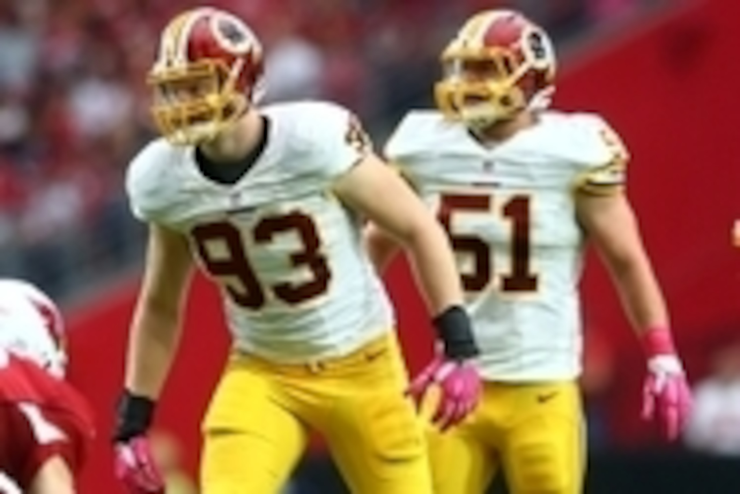 Oct 12, 2014; Glendale, AZ, USA; Washington Redskins linebacker Trent Murphy (93) and linebacker Will Compton (51) against the Arizona Cardinals at University of Phoenix Stadium. The Cardinals defeated the Redskins 30-20. Mandatory Credit: Mark J. Rebilas