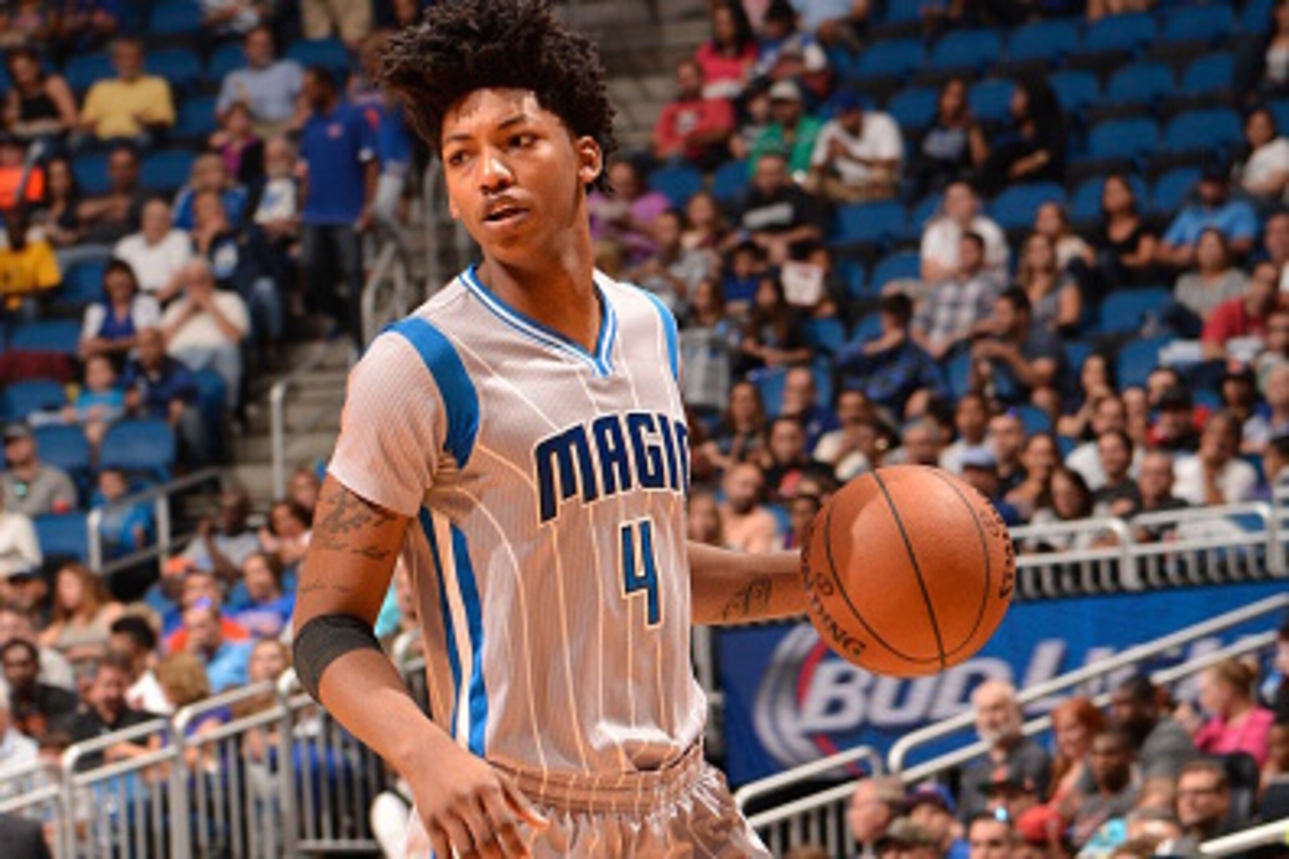 ORLANDO, FL - APRIL 11:  Elfrid Payton #4 of the Orlando Magic dribbles against the New York Knicks on April 11, 2015 at Amway Center in Orlando, Florida. NOTE TO USER: User expressly acknowledges and agrees that, by downloading and or using this photogra